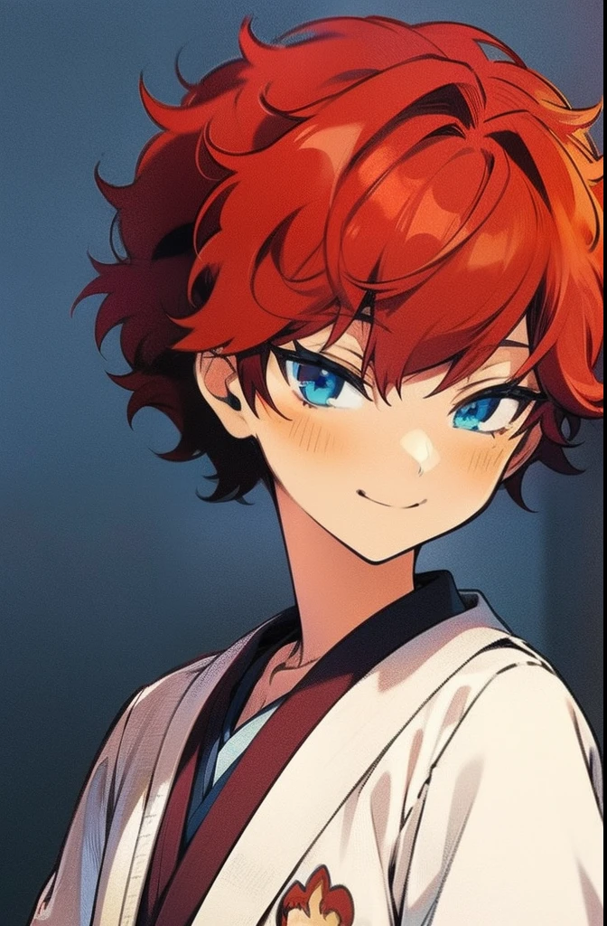 soft smile, small smile, blue eyes, detailed eyes, red hair, hiiro amagi, cute girl, small girl, young girl, red hair, red curly hair