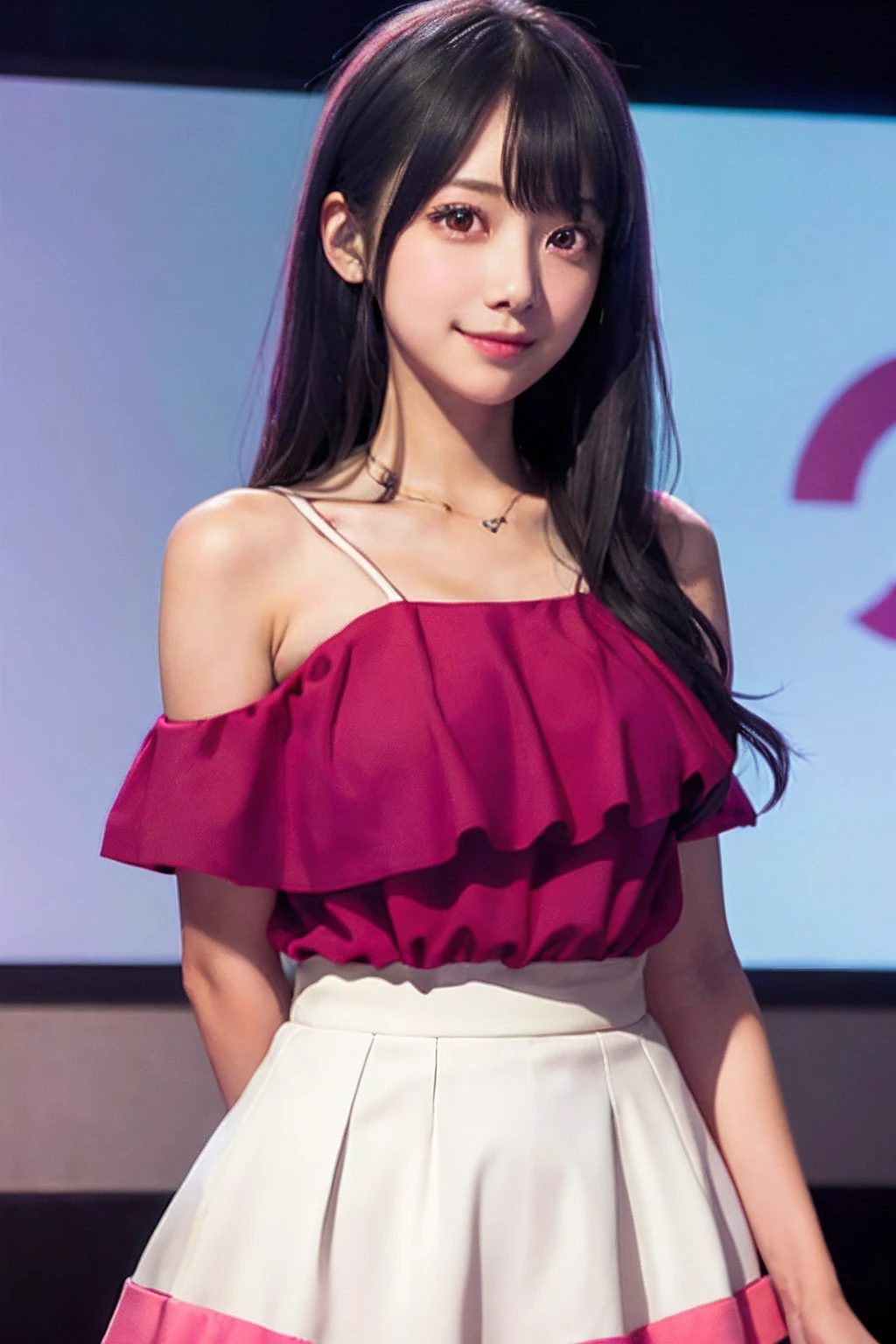Mainly for girls, She's in the center, Hoshino Ai, Beautiful petite girl, liquid hair, Summer brightness, Exposed shoulders, seductiv, Smile, Fashion, Girly style, younggirl, Perfect Purple Girl, Seductive girl, Cute anime girl, Cute Girl, Pink high-waisted skirt, Pink skirt, delicate accessories, Surreal Girl, Realistic Girl, (Lazy girl, gaze at the audience, Faint smile: 1.3), Hair Accessories, front, Fantasy, Mid-end and long-end, (Colorful) (Best Quality: 1.2), Master works, (High accuracy: 1.1), 8K resolution, (Detailed), Delicate, White background, Noise Reduction, intricate-detail, Ultra-detailed, Very detailed, with an intricate, detaile, nffsw, fresh, Official art、idol、A little plump