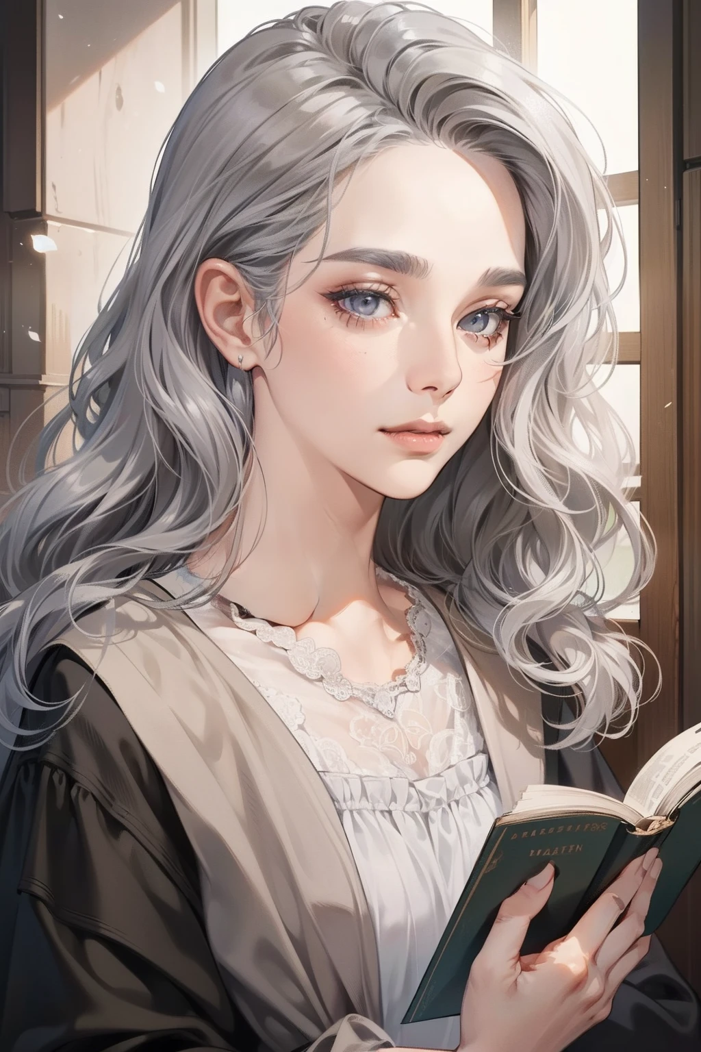 masterpiece, best quality, realistic, 1man, mature female, beautiful female, ((60 years old)), closed mouth, portrait, extremely detailed face, ((dark grey eyes)), ((medium length wavy silver hair)), [thin eyebrows], bookstore, wrinkles, soft smiles, writer, accurate, a lot wrinkles, middle aged old woman