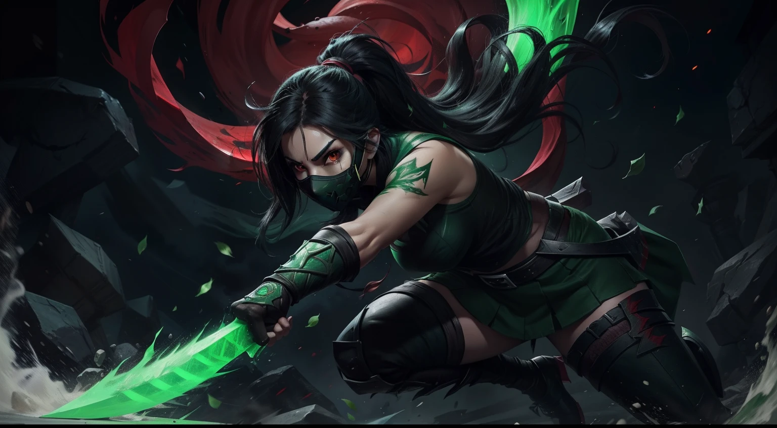 Alkali league of legends, medium length hair, black hair color, red eyes, green ninja clothes, green mouth mask, sickle-like weapons in both hands. akali lol splash art