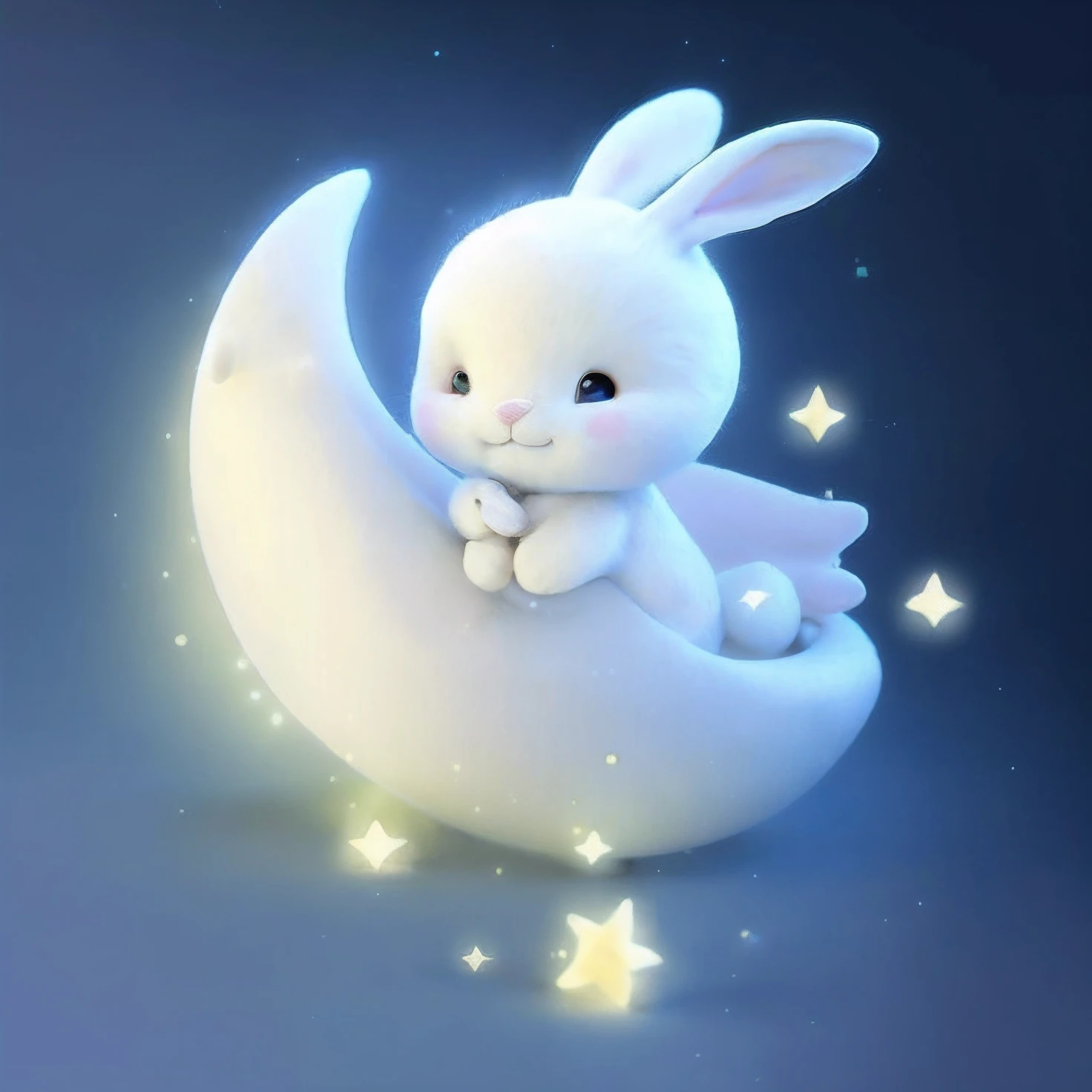 there is a white bunny sitting on a crescent with stars, cute digital art, cute anthropomorphic bunny, adorable digital painting, cute detailed digital art, ✨🕌🌙, cute artwork, adorable glowing creature, cute cartoon character, dreamy night, cute character, cute cartoon, ☁🌪🌙👩🏾, soft moonlight lighting, heavenly, lovely and cute
