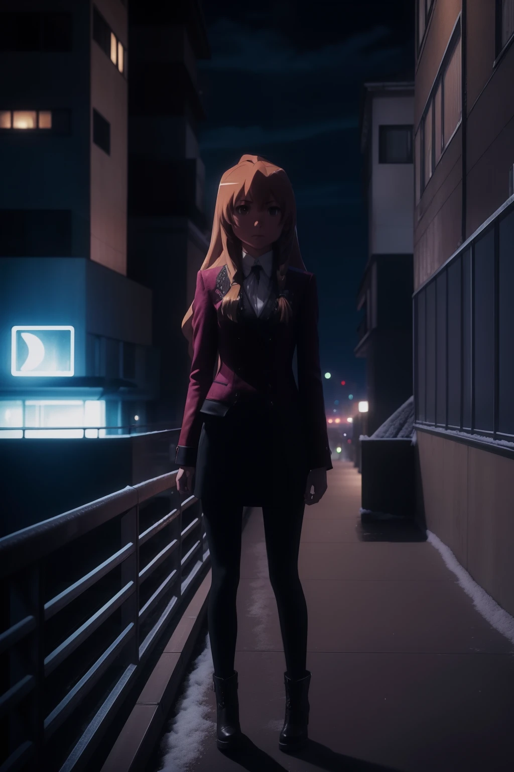 arafed taiga from toradora anime standing on a bridge in a city at night, forest city streets behind her, night in the city, on a rooftop, reminiscent of blade runner, gothic city streets behind her, city rooftop, in a rooftop, on rooftop, inspired by Elsa Bleda, standing on rooftop, cinematic outfit photo, snow and city lights in the background