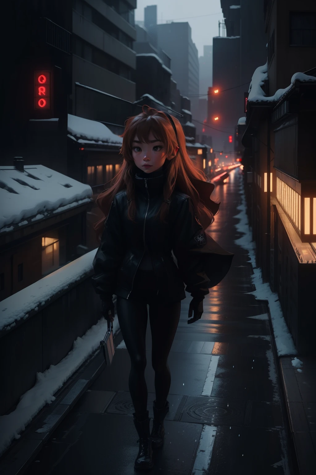 arafed taiga from toradora anime standing on a bridge in a city at night, forest city streets behind her, night in the city, on a rooftop, reminiscent of blade runner, gothic city streets behind her, city rooftop, in a rooftop, on rooftop, inspired by Elsa Bleda, standing on rooftop, cinematic outfit photo, snow and city lights in the background