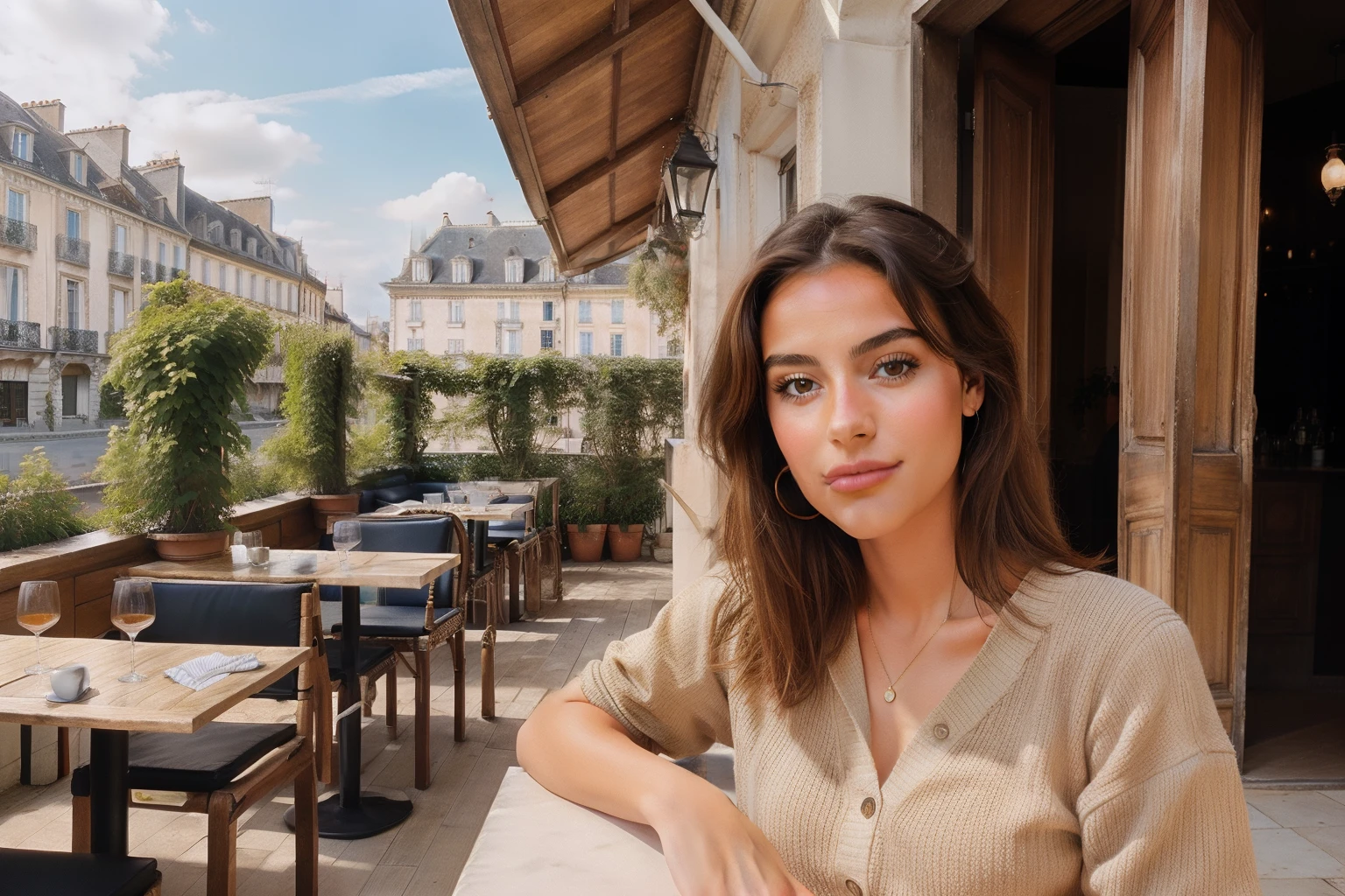 Jeune femme brune, nluenceuse instagram, 90's outfit, portrait, Histoire Instagram, terrasse restaurant