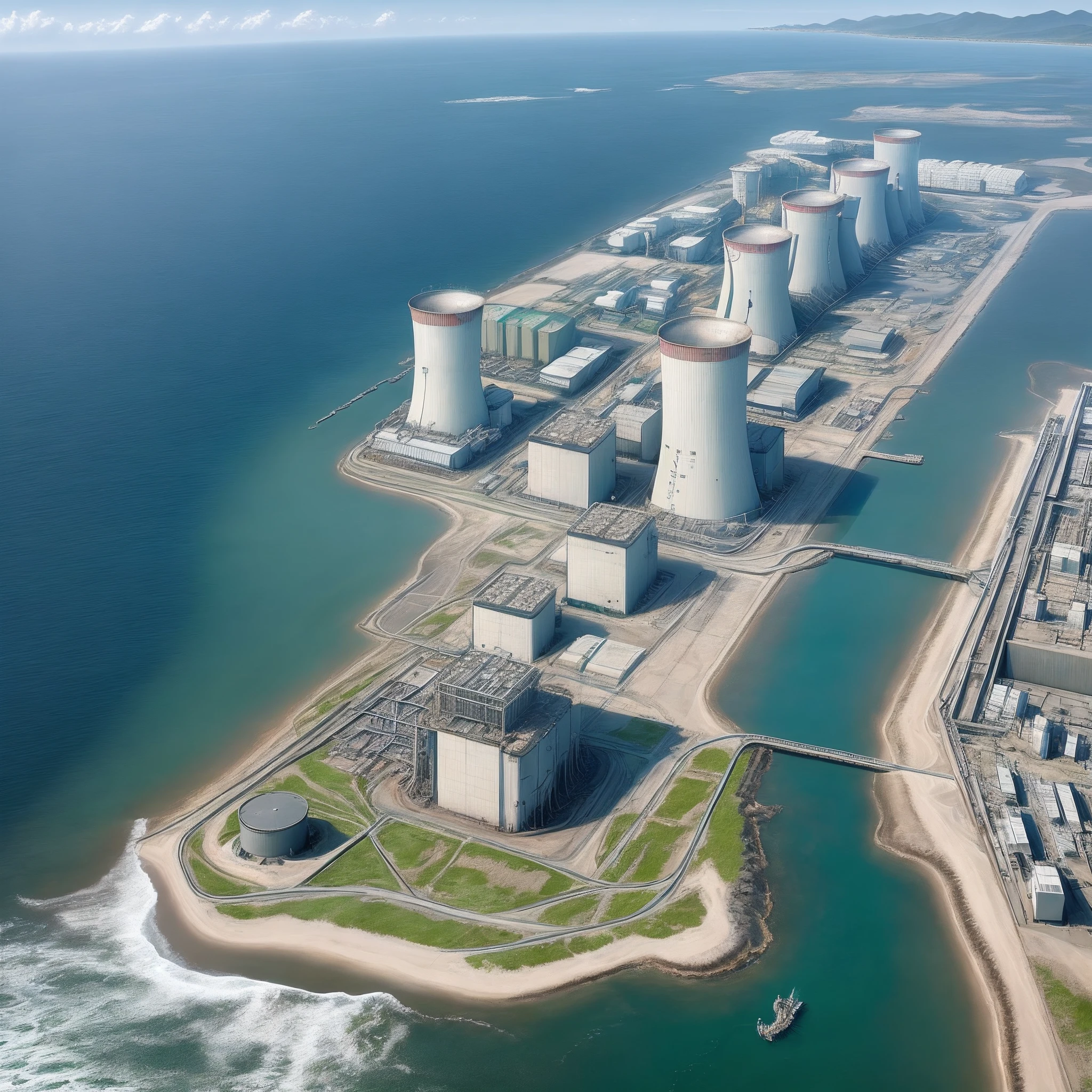 Depicting the appearance of the Fukushima nuclear power plant, Show the drain,Dumping contaminated water into the ocean. Emphasize the contrast between nuclear power plants and the vast sea