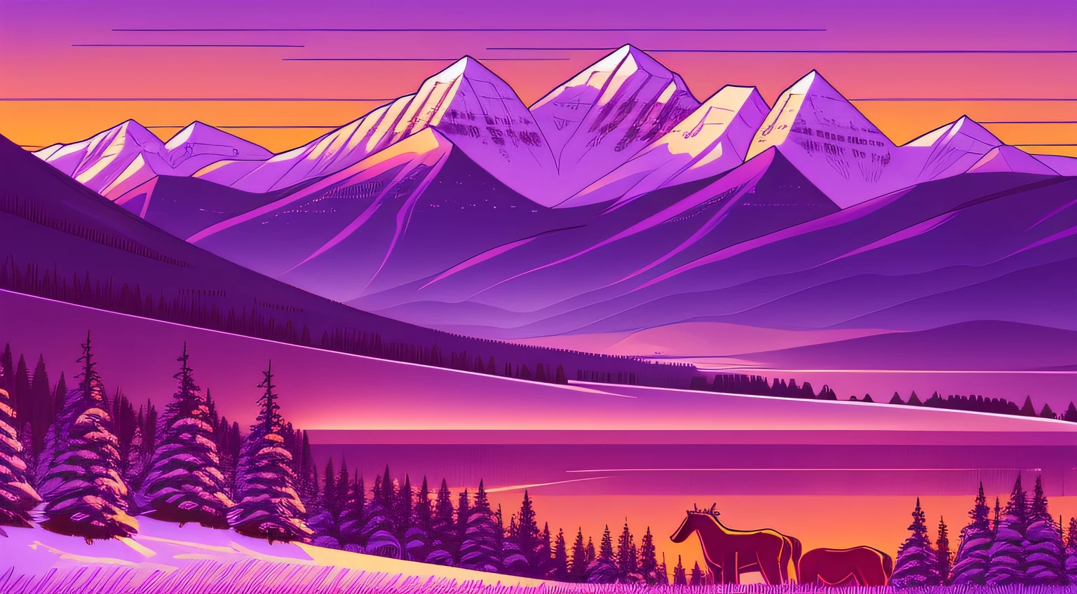 a beautiful sunset with purple sky and rocky mountains, illustration