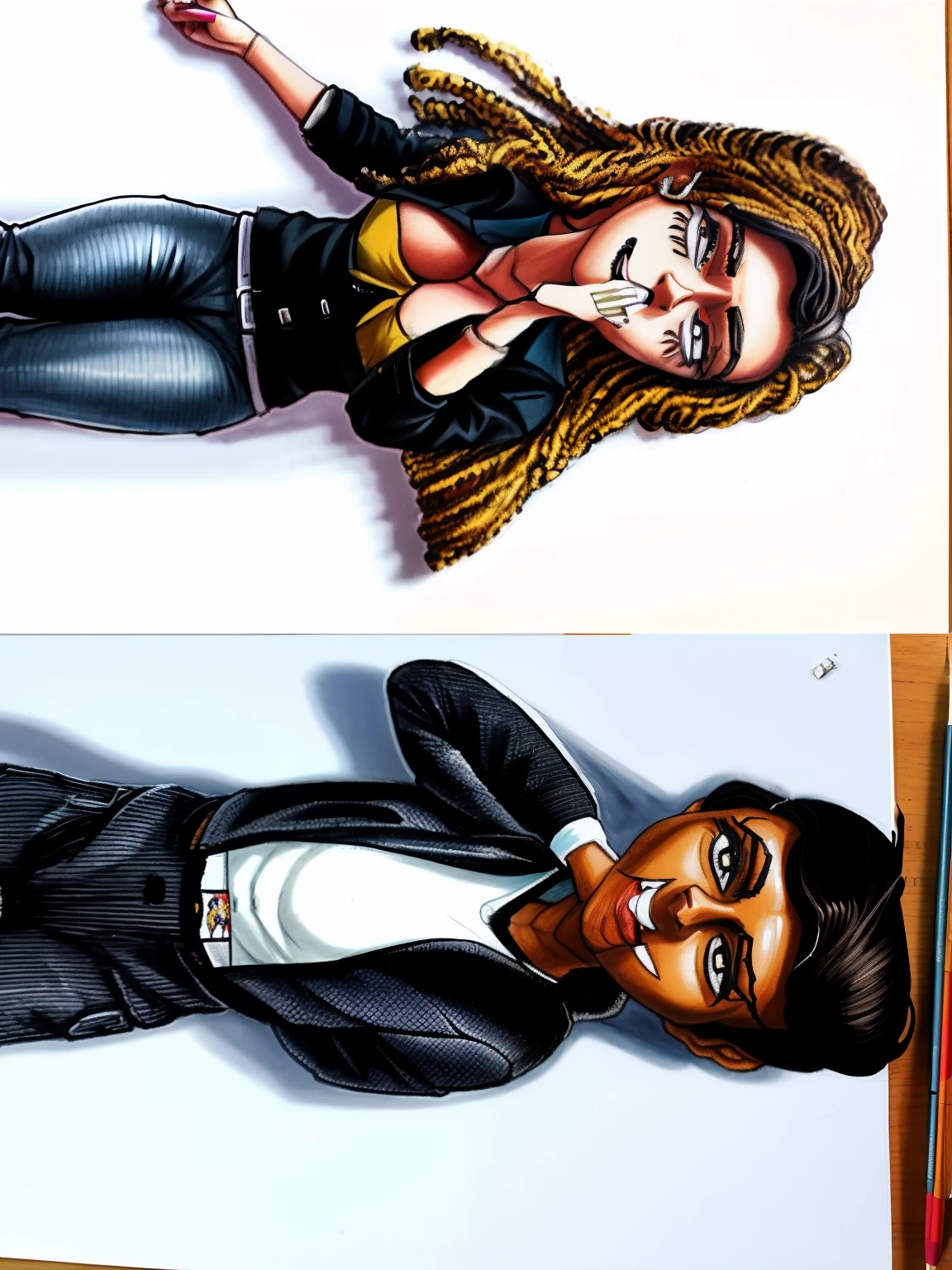 desenho de uma mulher parda de cabelo dread, black coat and white pants and a brown man with black jacket and black pants, arte dos desenhos animados, Arte realista, sombreamento!!!, Descrito!!!!!!, anime, animification, Realistic animation, Realismo de Anime, casal de anime.
