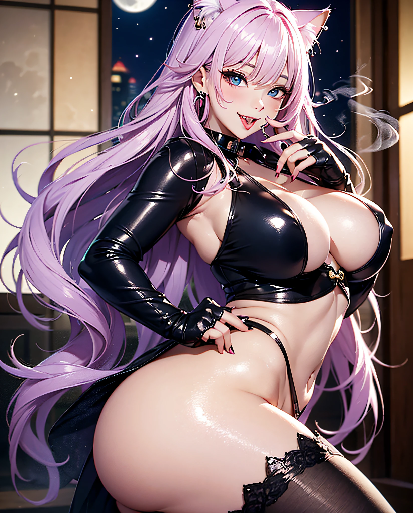 16K Ultra High Definition
Highest Quality
Glamorous cat girl
Super big ass and super big ass
Super Detail
Ultra-realistic body
Shiny skin
Glossy detailed hair texture
long beautiful long hair with gradient color from black to blue,,,,,,,,,,,,,,,,,
Sly smile
Cute fangs and pink tongue peek out
plump pink nipple rings protruding slightly from her outfit
Collar with bell
Sexy on her body、This pose is、It is a pose that hides very large breasts with hands.
Tail extending from her ass
Bewitching smoke covering the surroundings。The background is a Japanese-style room at night where you can see the moon from the window