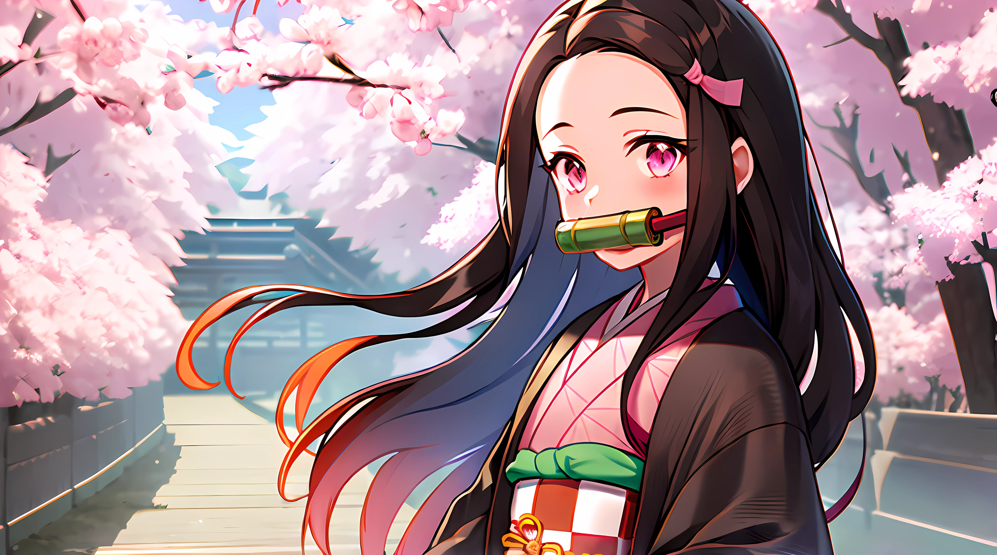 kamado nezuko, 1girl, bamboo, bit gag, brown hair, checkered sash, gag, gagged, gradient hair, hair ribbon, haori, japanese clothes, kimono, long hair, looking at viewer, multicolored hair, orange hair, pink eyes, pink kimono, pink ribbon, ribbon, solo, upper body, kyoto street, sakura trees behind, ultrasharp, 8k, high res, ((masterpiece))