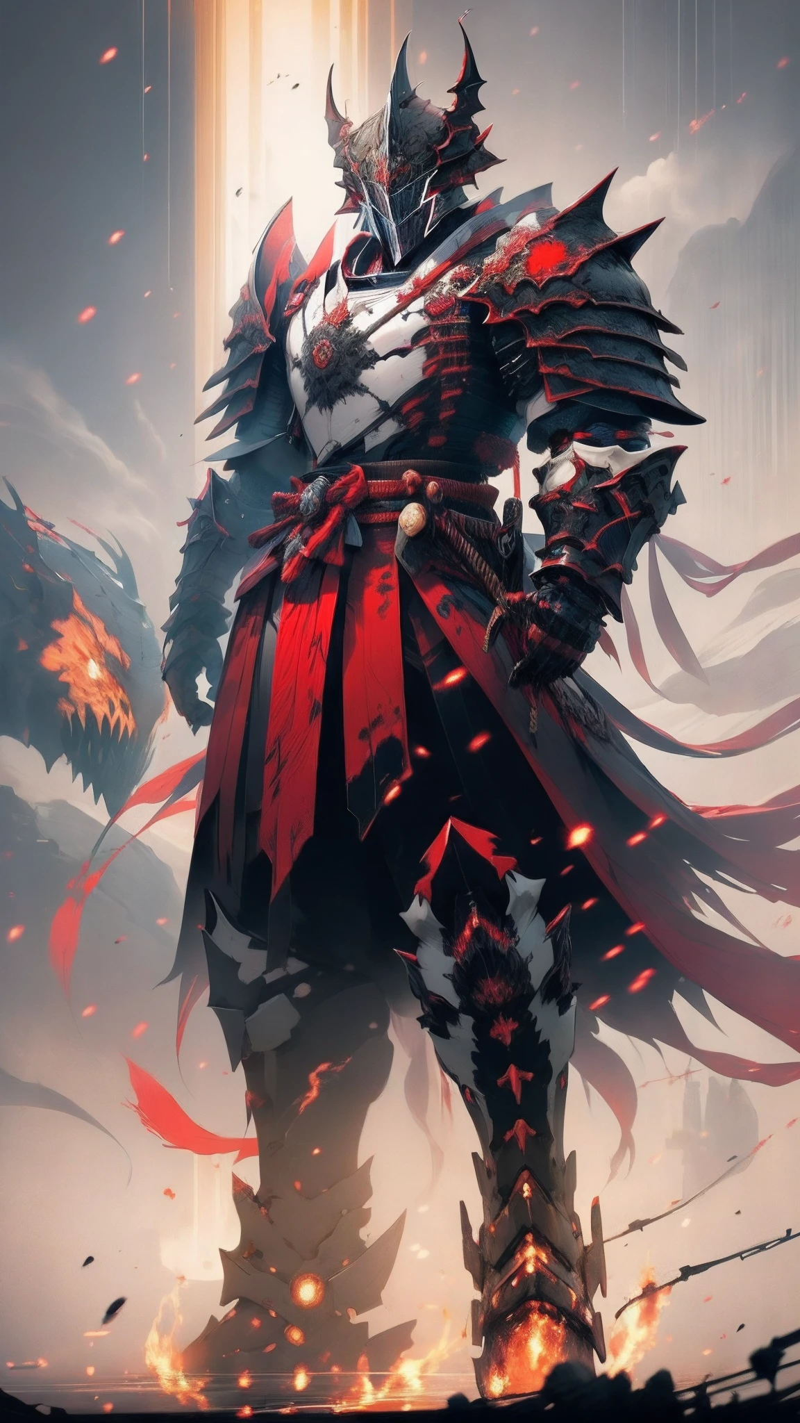 ((top-quality)), ((masterpiece)), ((ultra-detailliert)),(8k wallpaper:1.2),(Ultra-high resolution:1.2),(masterpiece:1.1),wallpaper,High quality,(High detail),(absurdres, highres, ultra detailed),( best quality:1.2),(dark souls character:1),1 man, Cybernetic knight, wearing a futuristic mouth mask, dragon behind the knight, wearing a red black and white samurai armour, concept art for a character, surrounded by dead samurai,dark souls,gritty,dark fantasy, highest quality digital art, wallpaper 8k