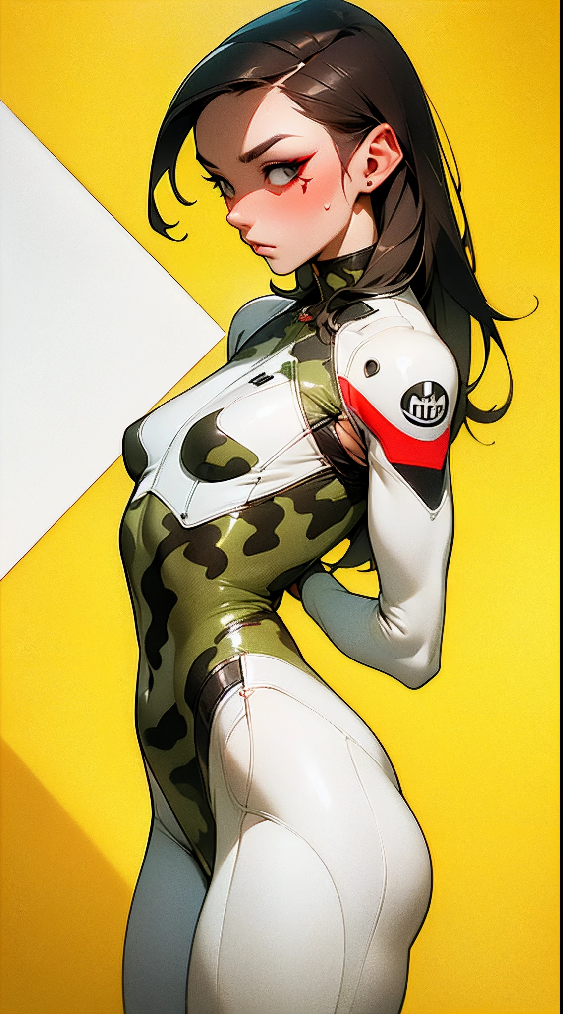 ((Best quality)), ((masterpiece)), (detailed: 1.4), (Absurd), Latin female fighter pilot ready for war, very fleshy mouth, defined muscular sculptural body, bare half-thick thighs, closed mouth, very tanned and shiny skin, only in panties, muscular body covered by technological clothing, Neon Genesis Evangelion style, cyberpunk, generous neckline, ((perfect large breasts)), (brown eyes without pupils), ((dark green, red and white clothing)), ((((clothing based on the flag of Mexico)))), (((short straight black hair)))), ((drawings of skulls on the arms)), long manga style eyelashes, short underwear, garter belt, by mucha, niji --V5, close to real, psychopath, crazy face, sexy pose, background with a giant Gundam style robot head, 2 piece outfit, shoulder pads, airplane wings on the back, pastel, centered, scale to fit dimensions, HDR (High Dynamic Range),Ray Tracing,NVIDIA RTX,Super-Resolution,Unreal 5,Subsurface dispersion, PBR texture, Post-processing, Anisotropic filtering, Depth of field, Maximum clarity and sharpness, Multilayer textures, Albedo and specular maps, Surface shading, Accurate simulation of light-material interaction, Perfect proportions, Octane Render, Two-tone lighting, Wide aperture, Low ISO, White balance, Rule of thirds, 8K RAW, crysisnanosuit