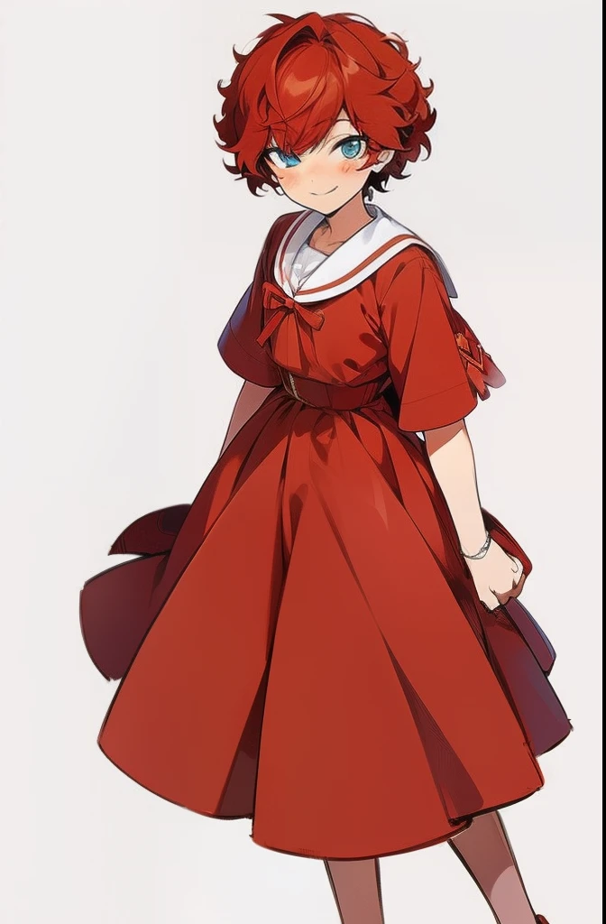 soft smile, small smile, blue eyes, detailed eyes, red hair, hiiro amagi, cute girl, girl, young girl, red hair, red curly hair, short curly hair, pretty girl, full body, pink dress