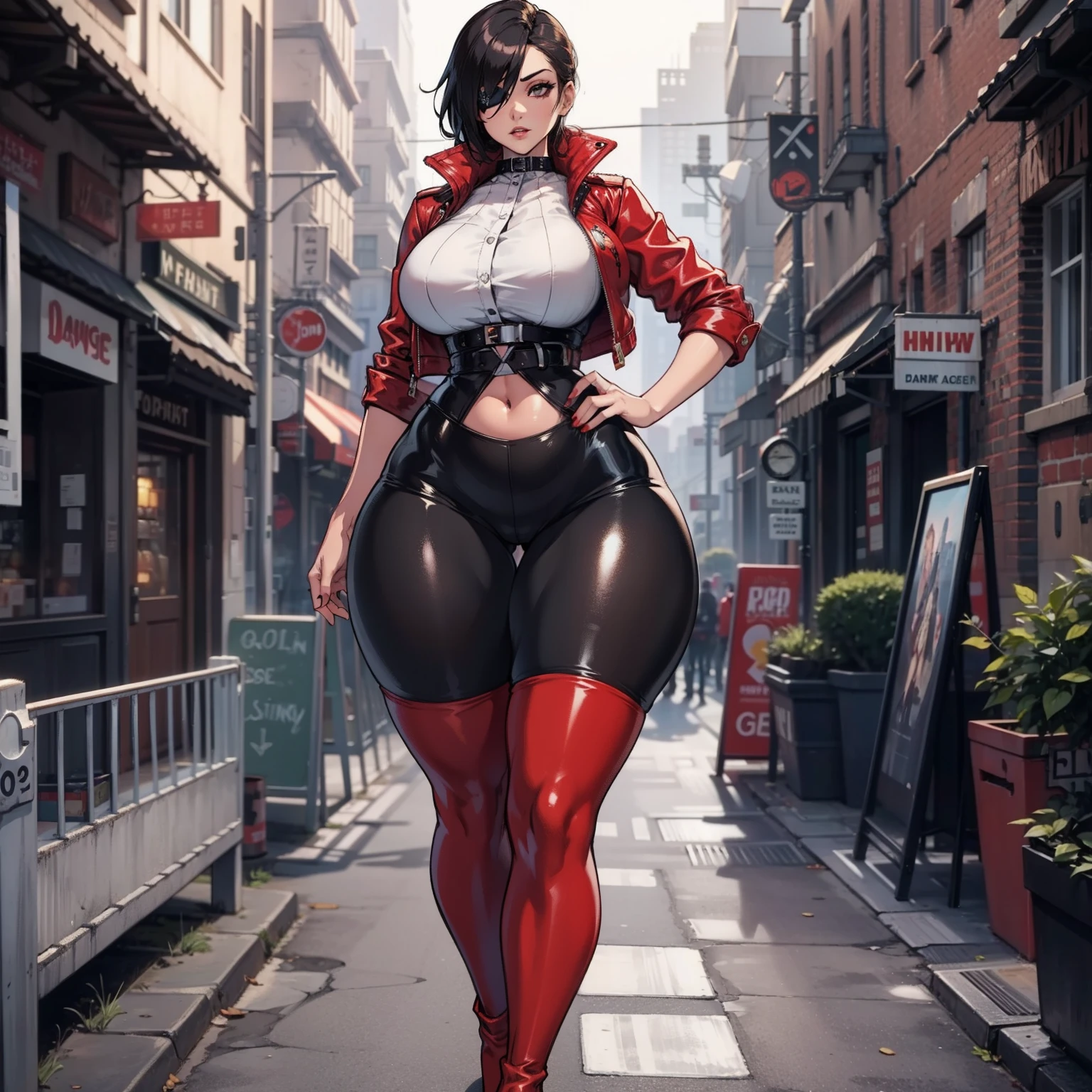 slut outfit, red jacket, white blouse, black pants, brown thigh high boots, eye patch, massive breasts, massive hips, massive thighs, massive calves, slender waist, hourglass figure, shiny black pantyhose, cityscape, detailed eyes, leggings, 4K high resolution