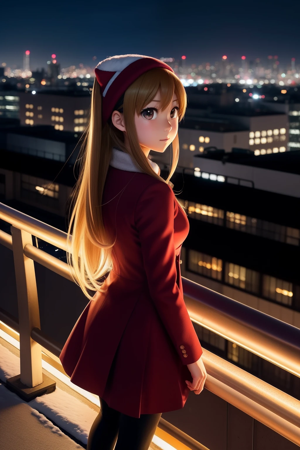 arafed taiga aisaka from toradora anime standing on a bridge in a city at night, forest city streets behind her, night in the city, on a rooftop, city streets behind her, city rooftop, in a rooftop, on rooftop, inspired by Elsa Bleda, standing on rooftop, cinematic outfit photo, snow and city lights in the background