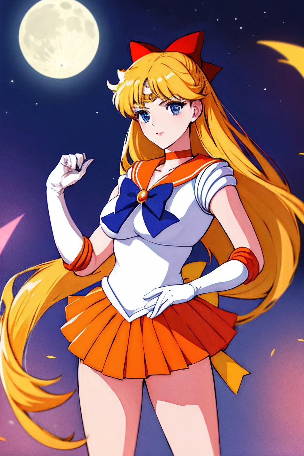 Obra maestra, La mejor calidad, High resolution, Venus1, 1 girl, solamente, Uniforme de marinero Senshi, Venus marinera, Aino Minako, cabello rubio, Magical Girl, ojos azules, Falda naranja Ultra Mini, Guantes hasta el codo, tiara, falda plisada , Lazo de pelo, Collar marinero naranja, Ultra minifalda, gargantilla, red bow, gargantilla naranja, Guantes blancos, Pelo muy largo, jewely, Pendientes, En pie, from the rear, con la falda levantada mostrando su, Falda arriba, Sin tanga