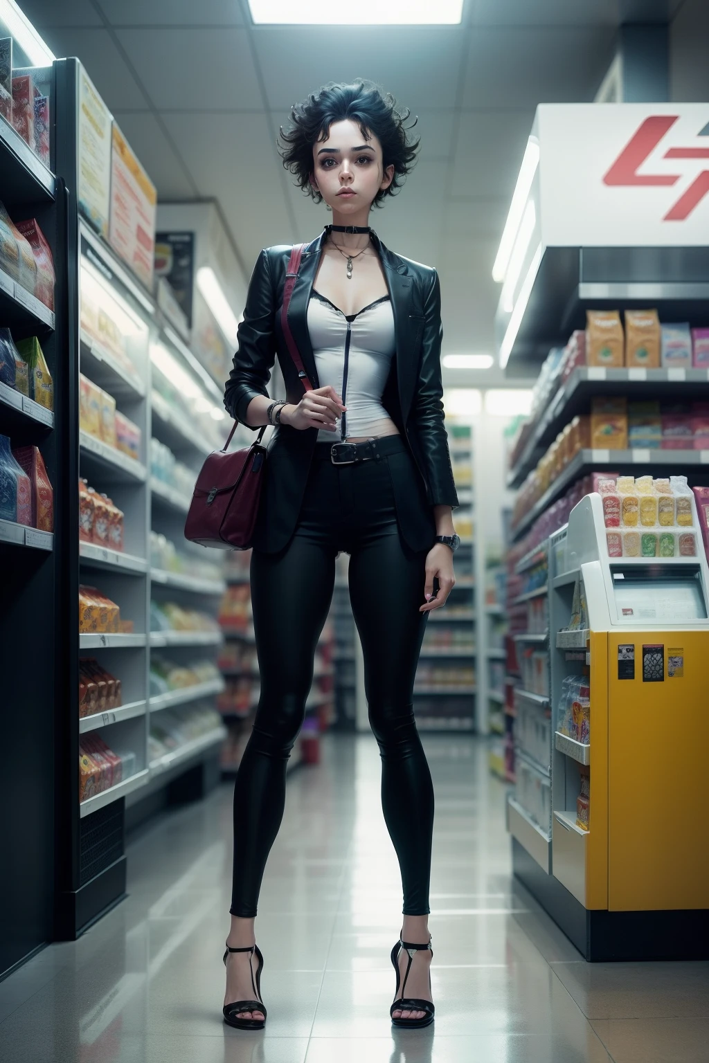 Full body, Tim Burton style. stylish model in 7/11 convenience store., sci-fi.