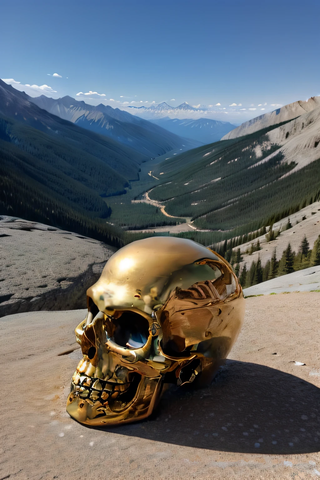 Golden Skull on a rocky mountain with good sun illumination.