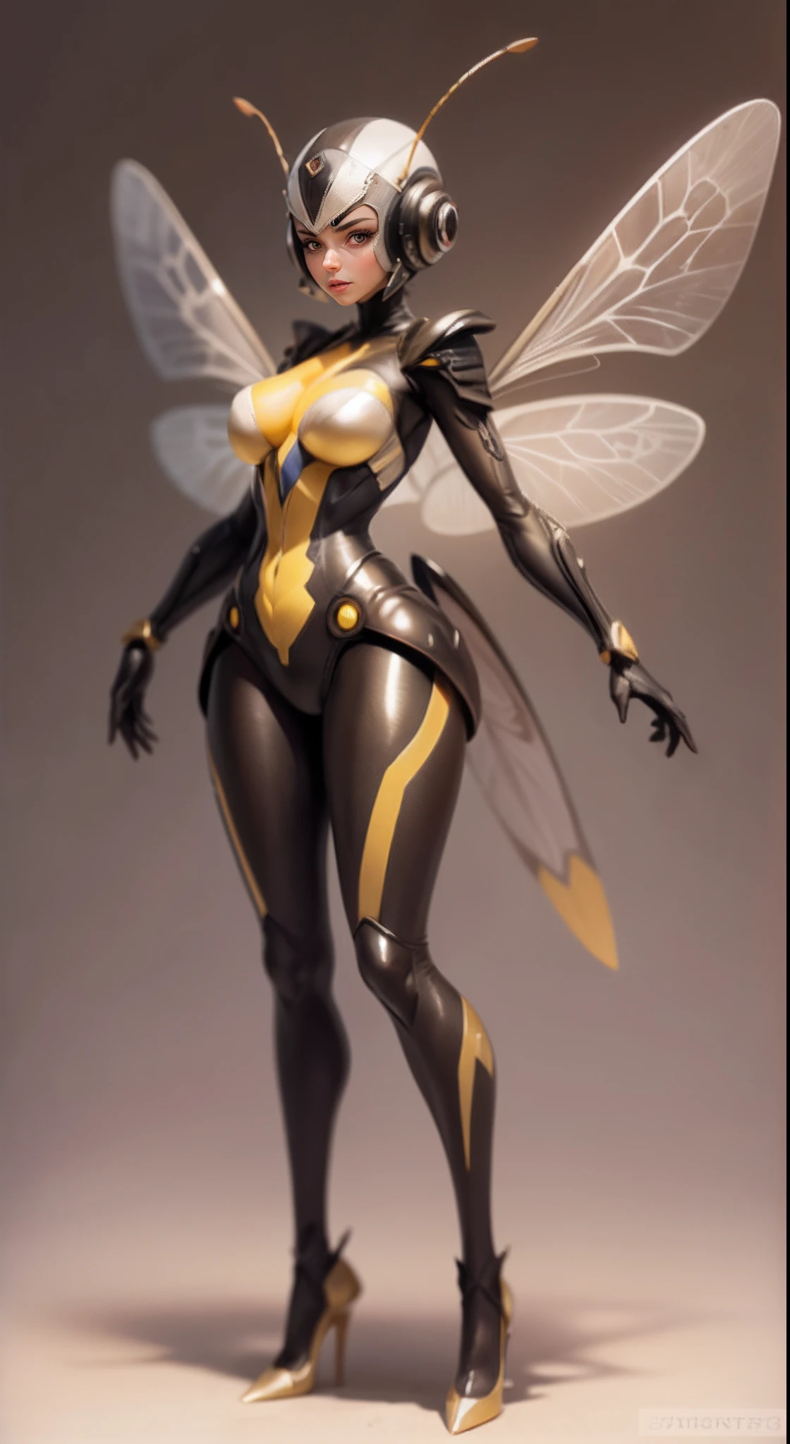 An exquisitely detailed portrayal of an astonishing Insectoid girl adorned with a remarkable Wasp Body, Shiny Plug Suit, Wasp wings, Full body, dynamic Pose, Cute Girl Face,