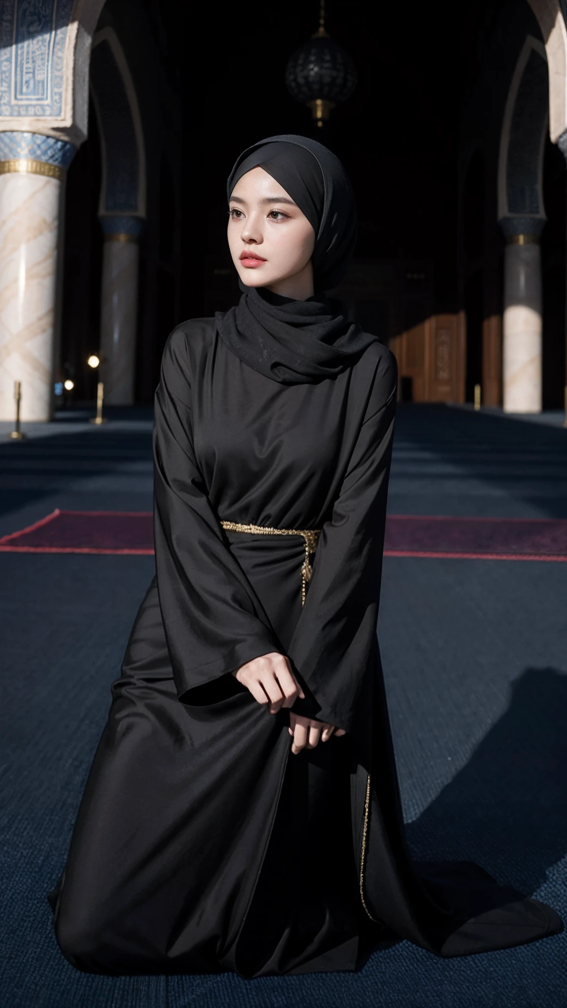 (Tomboyish,small head), (short-length straighthair: 1.2), Black hair,（极其细致的CG 8k壁纸），（Extremely refined and beautiful），（tmasterpiece），（best qualtiy：1.0），（超高分辨率：1.0），upper body photos，[A high resolution]，Smooth and flawless fair skin，ultra - detailed ，Slim，emaciated，Wearing an Arabic headscarf and veil，Gorgeous abaya，arabian pants，in front of a large mosque，Kneeling upright on the ground，from front，Close-up， in meditation，kindly