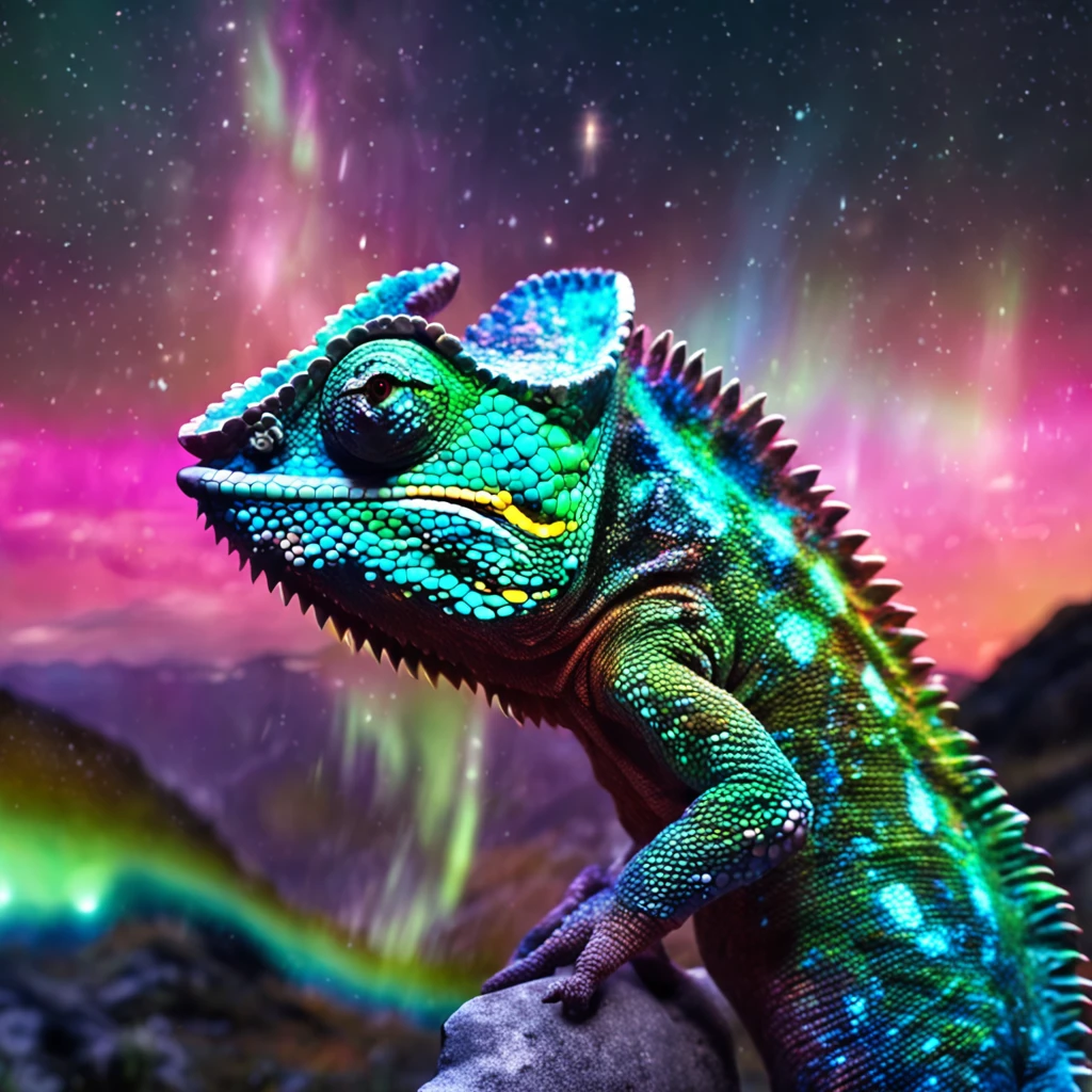 Chameleon with Aurora Borealis Night in the background
