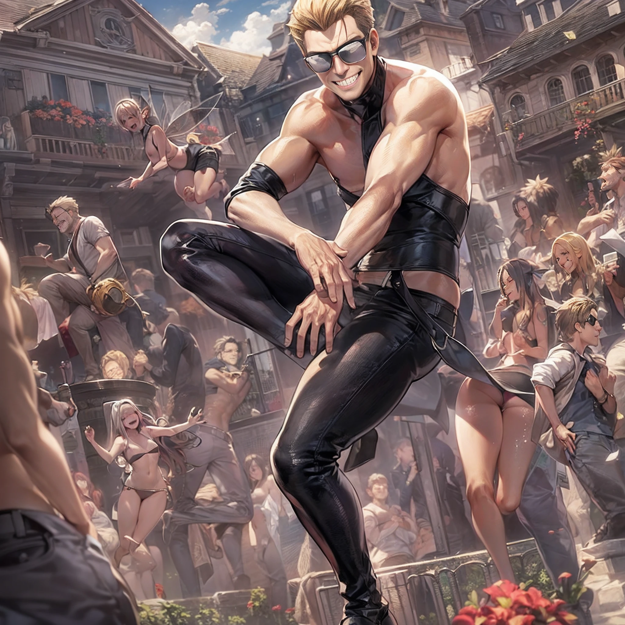 Albert wesker, naked:1.2, high resolution, middle aged man, smiling, jumping, in a vibrant fairy tail world, happy,