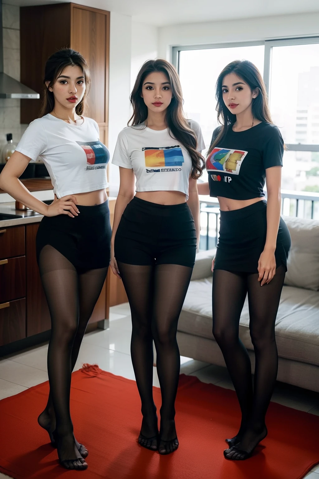 Show entire body, feet in view, 3 gorgeous Latina females, wearing pantyhose, Puerto Rico flag t shirts, no shoes, at a party, luxurious apartment, cityscape