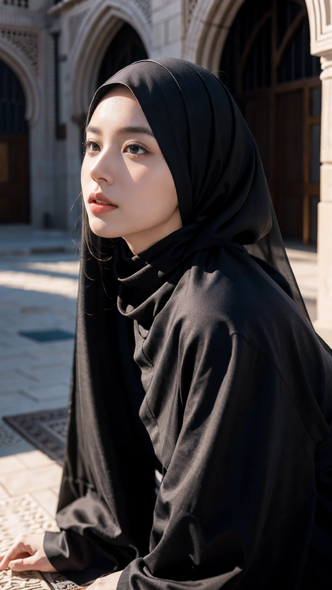 (Tomboyish,small head), (short-length straighthair: 1.2), Black hair,（极其细致的CG 8k壁纸），（Extremely refined and beautiful），（tmasterpiece），（best qualtiy：1.0），（超高分辨率：1.0），upper body photos，[A high resolution]，Smooth and flawless fair skin，ultra - detailed ，Slim，emaciated，Wearing an Arabic headscarf and veil，Gorgeous abaya，arabian pants，in front of a large mosque，Kneeling upright on the ground，from front，Close-up， in meditation，kindly