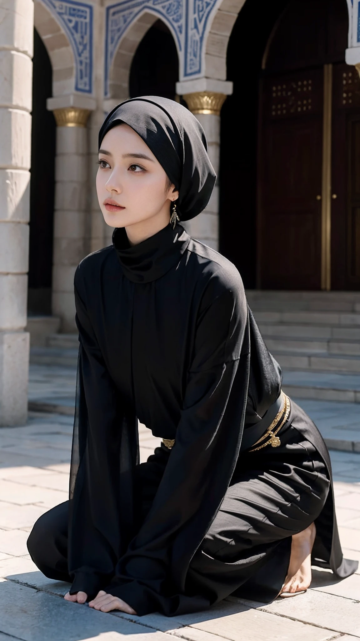 (Tomboyish,small head), (short-length straighthair: 1.2), Black hair,（极其细致的CG 8k壁纸），（Extremely refined and beautiful），（tmasterpiece），（best qualtiy：1.0），（超高分辨率：1.0），upper body photos，[A high resolution]，Smooth and flawless fair skin，ultra - detailed ，Slim，emaciated，Wearing an Arabic headscarf and veil，Gorgeous abaya，arabian pants，in front of a large mosque，Kneeling upright on the ground，from front，Close-up， in meditation，kindly