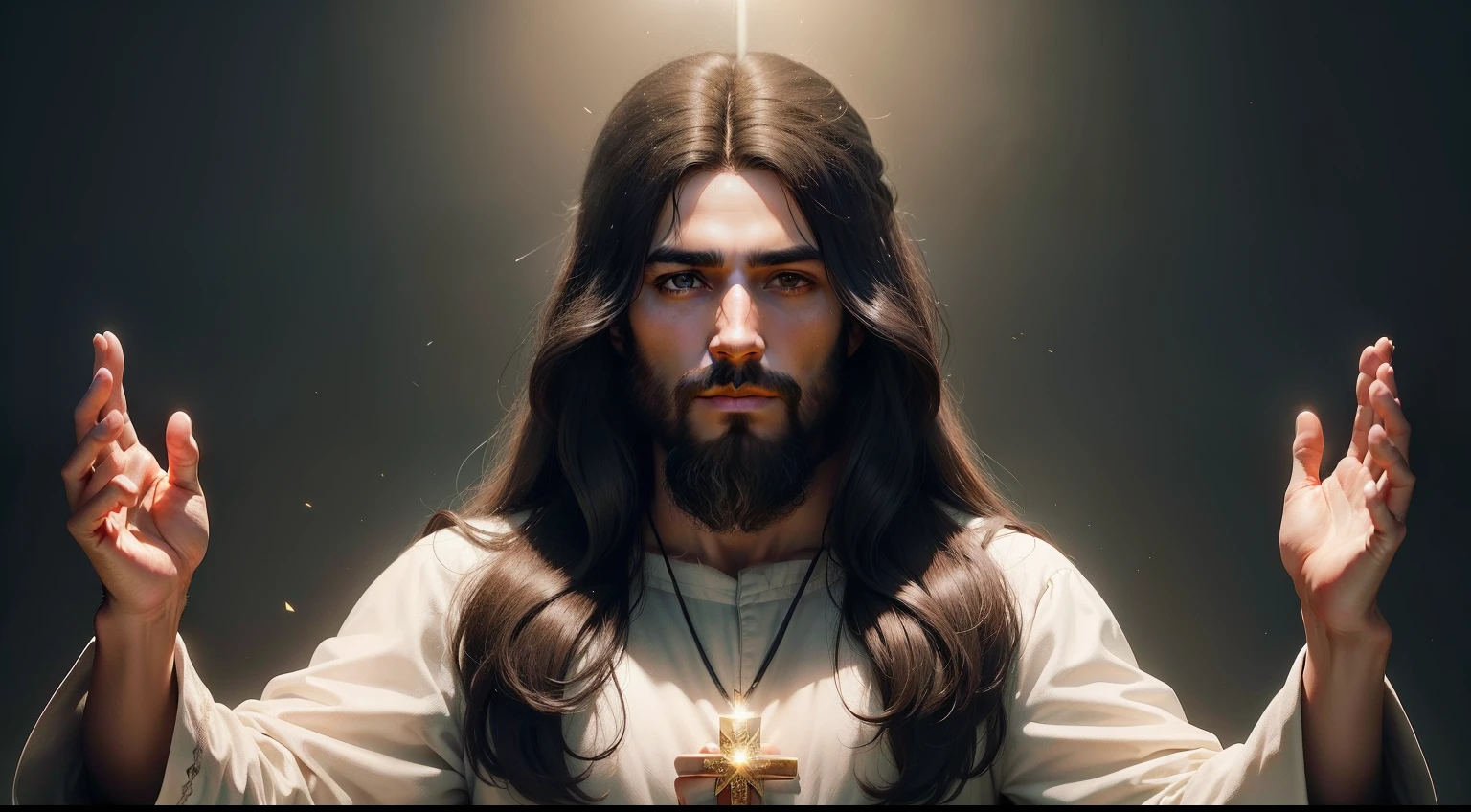 create a high-definition image that represents Jesus Christ in a respectful and reverent manner. Visualize Jesus with his iconic features, wearing traditional period clothes and with their long hair and beard. Ele deve estar em uma postura serena e compassiva, with gentle eyes and hands outstretched in a gesture of love and mercy. A luz divina deve banhar Jesus, iluminando-o suavemente. The surrounding scenery should be inspiring and spiritual, com uma atmosfera de paz e serenidade. Make sure the image is sharp and detailed, capturing the sacredness and compassion of Jesus Christ in high definition