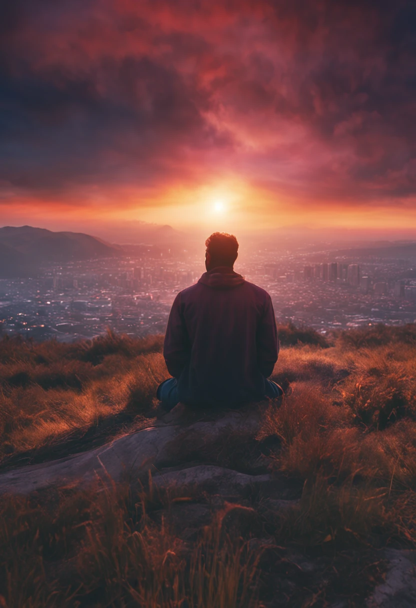 It generates a cinematic portrait of a person on his back sitting looking up at the sky at sunset in a prayerful attitude.