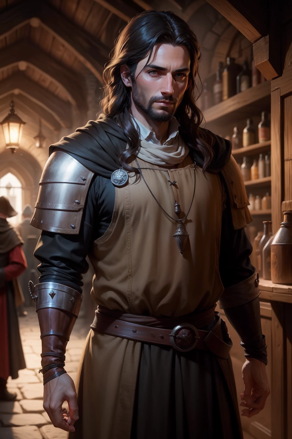 realistic, medieval merchant, 30 years old, dark hair, facing forward, darklighting