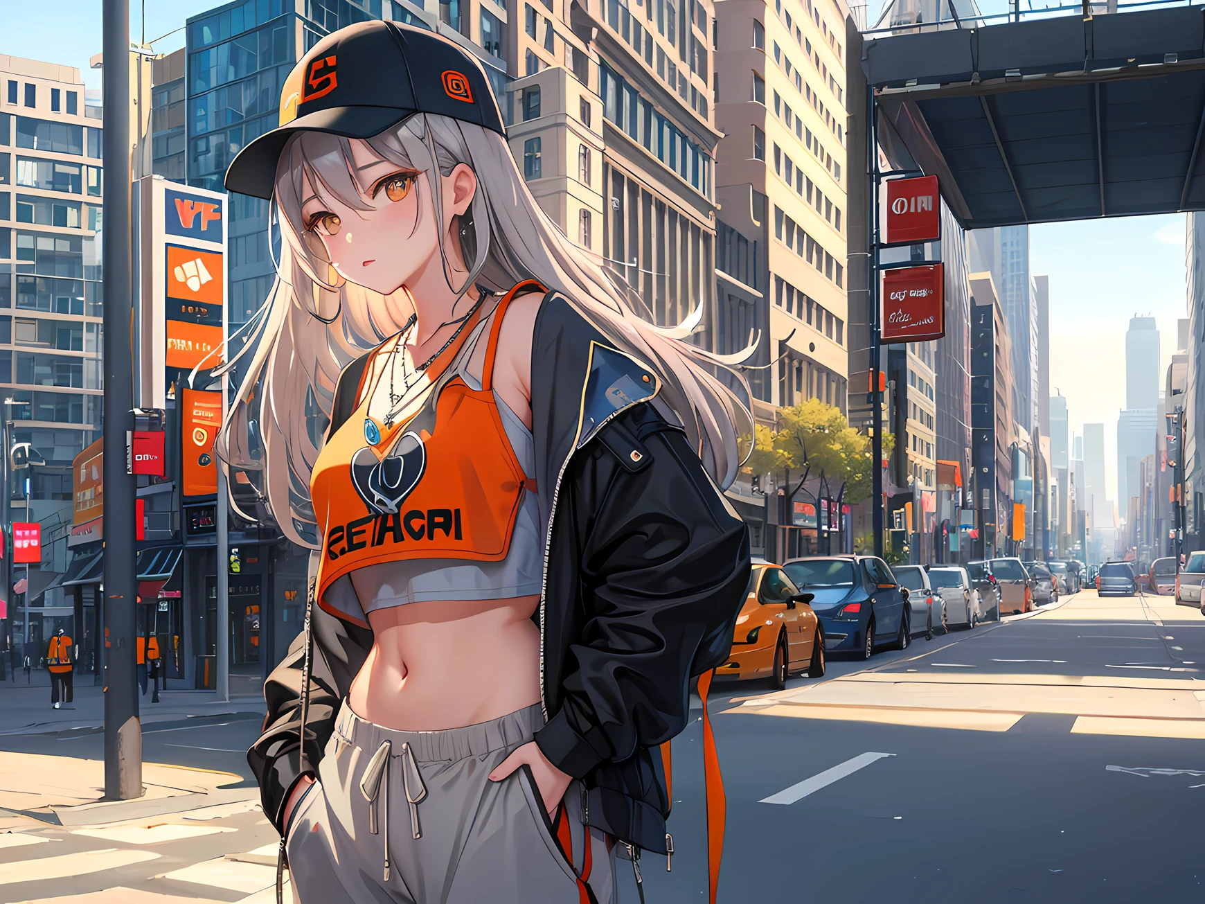 masterpiece, best quality, (1 girl), (solo), gray hair, orange eyes, baseball cap, necklace, crop top, sweatpants, outdoors, city, street, sidewalk, looking at viewer, hand in pocket