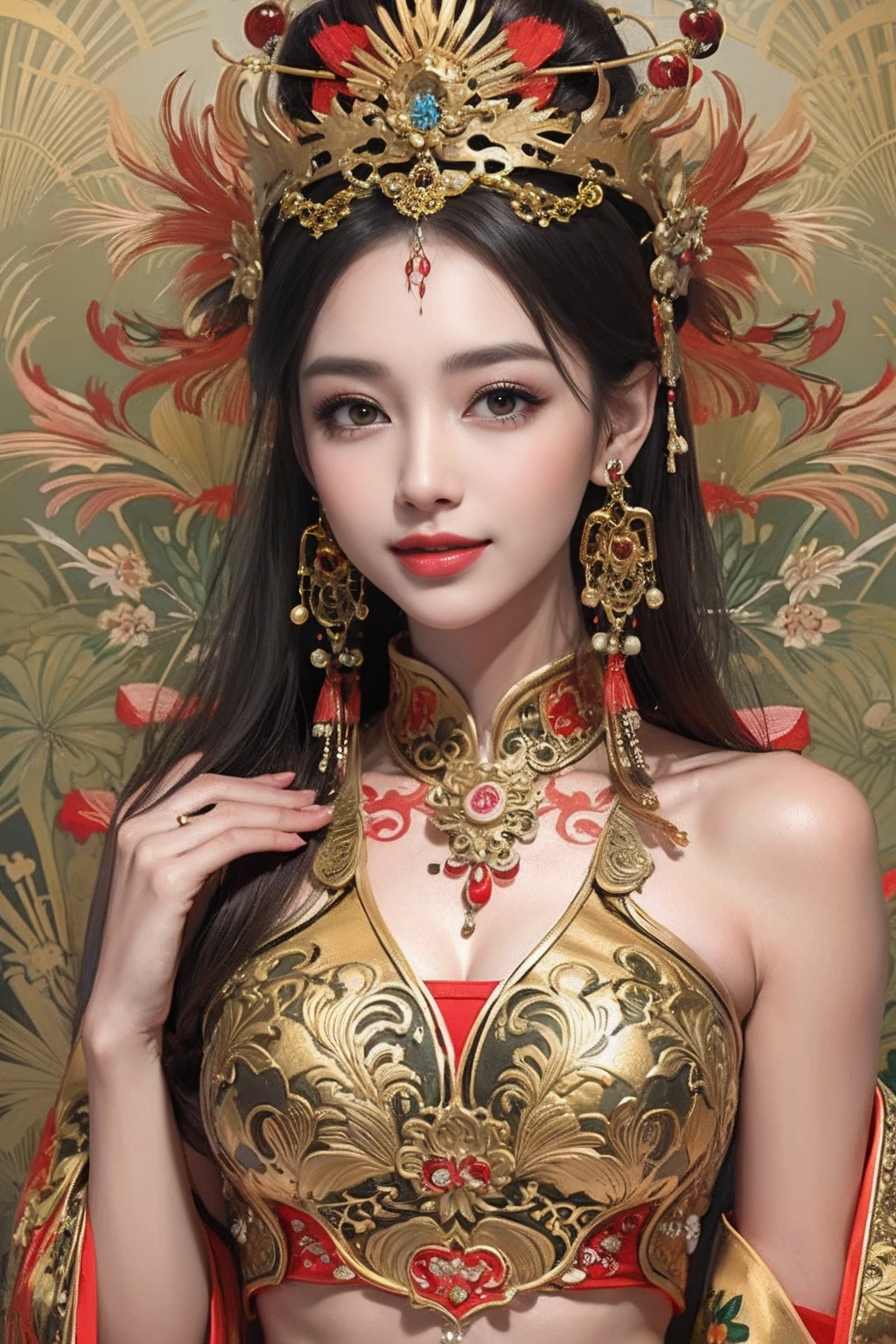 A woman wearing a red and gold Chinese dress，Phoenix crown，a chinese wedding，（tmasterpiece，top Quority，best qualtiy，offcial art，Beauty and aesthetics：1.2），（1girll：1.3），The is very detailed，（s fractal art：1.1），Most detailed，（ zentangle:1.2), full bodyesbian, (abstract backgrounds:1.3), (Shiny skin), (many color:1.4), happy smile,(Earrings), (feater:1.5), sexy pose, naked upper body, dynamic