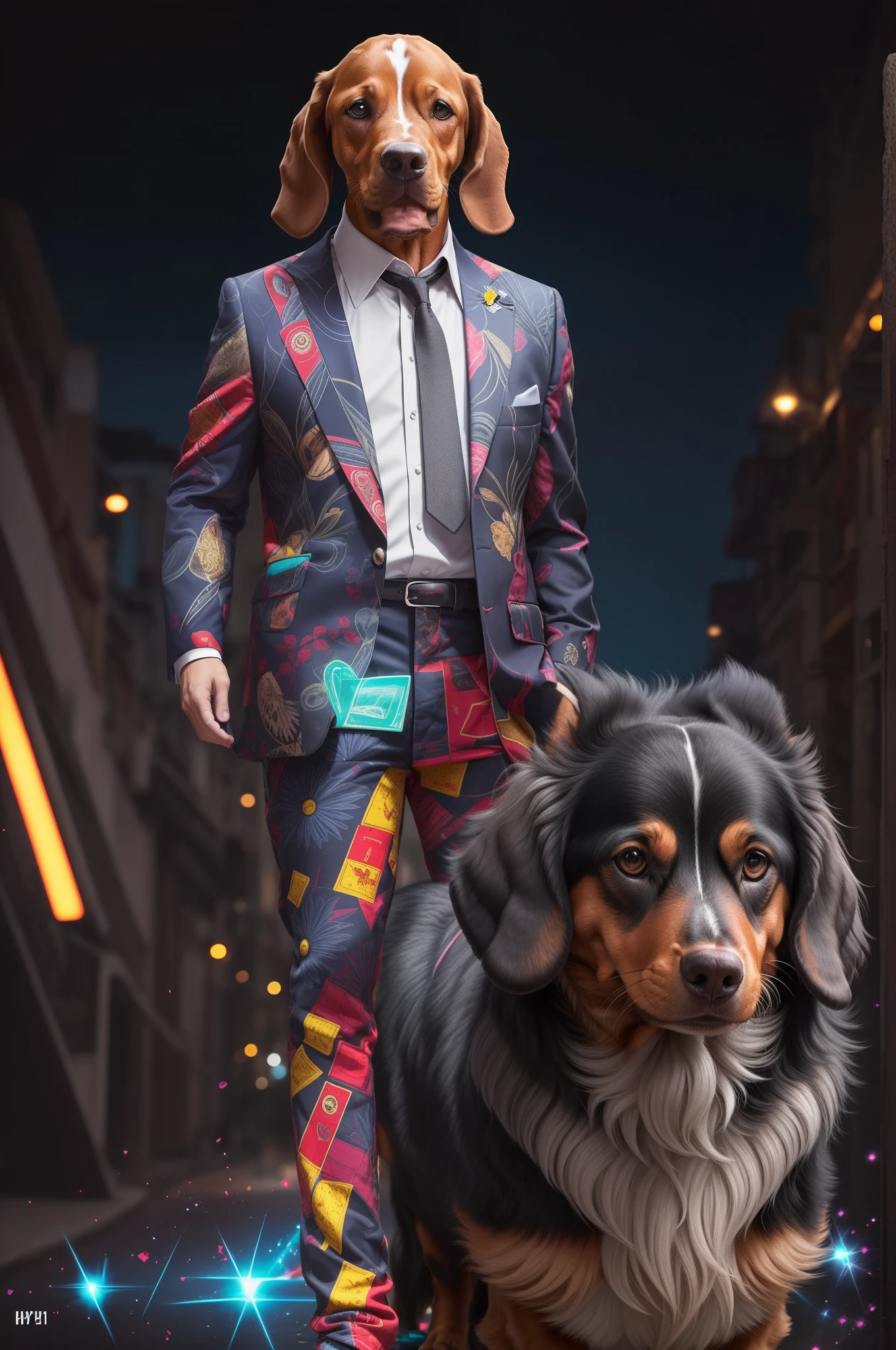 a 70s photo shoot for a really cool 70s record cover, all the band are upright biped anthropomorphic 'dacshunds', all big hairy creatures with dachshund heads, all wearing cool 70s colours and patterned 3 piece suits, award winning photography, super high resolution, hyper detailed, wide shot, depth of field, no text --auto --s2