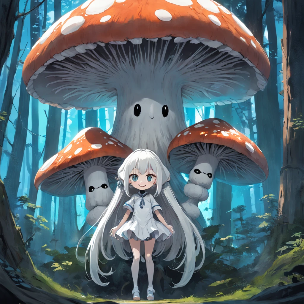 creepy fully white mushroom with humanoid features, no facial details except a large creepy smile, long arms, very very tall