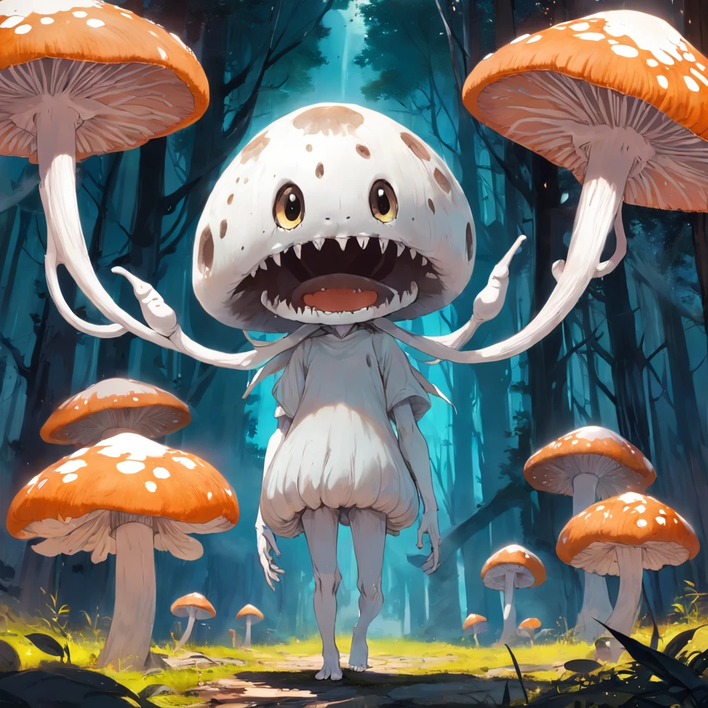 creepy fully white mushroom with humanoid features, no facial details except a large creepy smile, long arms, very very tall