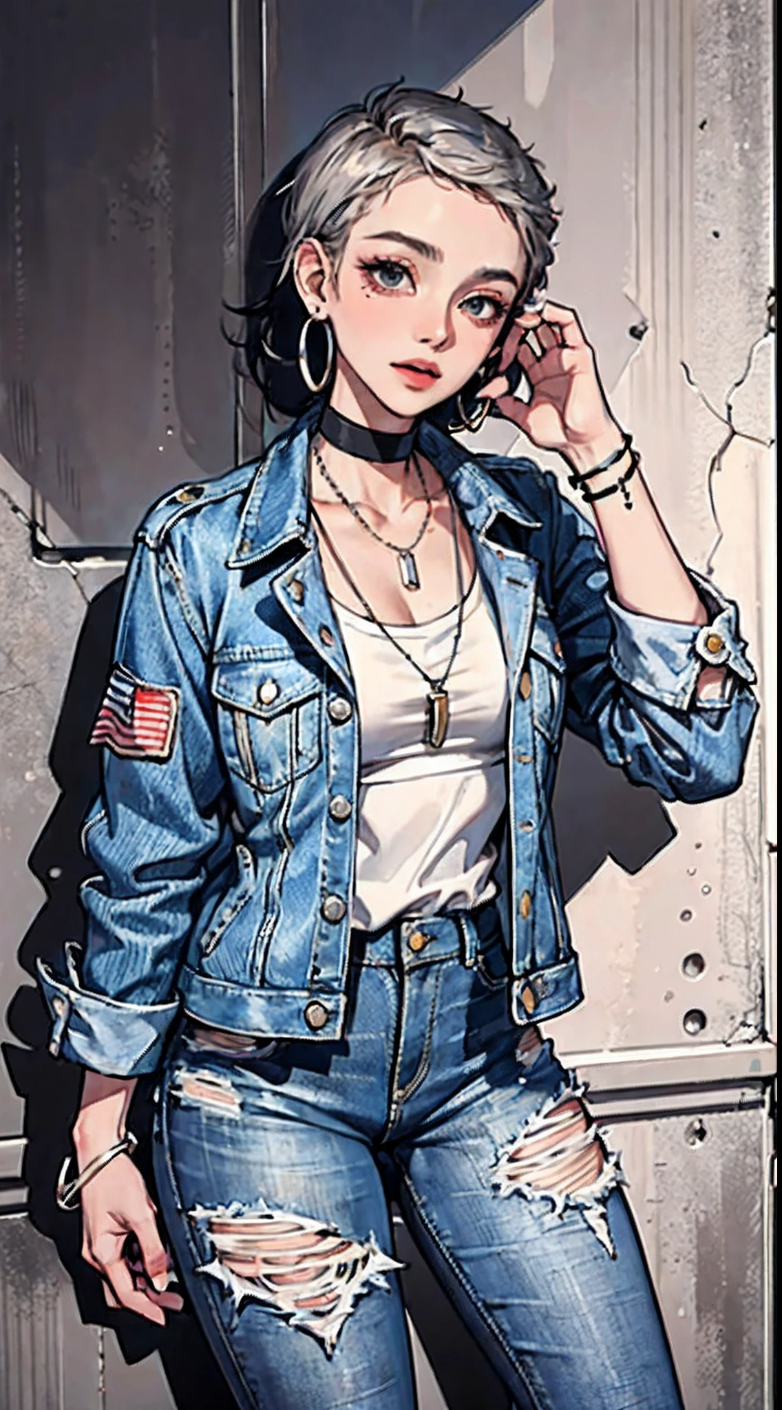 (masterpiece:1.2, best quality), (1lady, solo, upper body:1.2), Hair: buzz cut, Clothing: oversized, distressed denim jacket with patches and pins, paired with black skinny jeans and combat boots, Accessories: silver hoop earrings and a black choker necklace, Hanging out in an underground music venue or street art exhibit