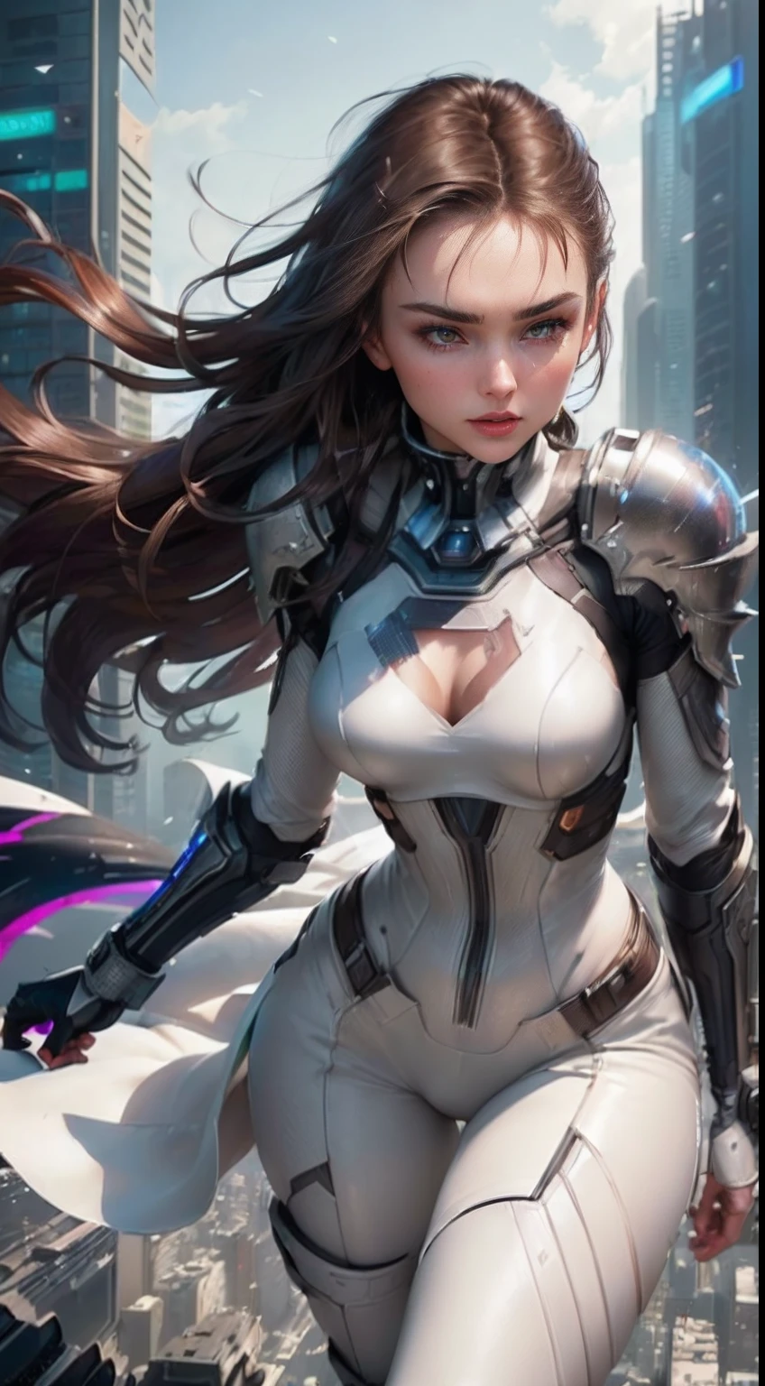 ((Cate: Similar to Miranda Kerr 24 YO & Perfect face & adventurer pose & White cyberpunk dress & Full armor with pants & Ultra-detailed hazel eyes & Tall & Slender & Pale skin & Dark brown hair cascading down to your shoulders & Small bust & hourglass figure, detailed hands)) She Is Running On The Rooftops, Dynamic Poses, Background Futuristic Night City,|