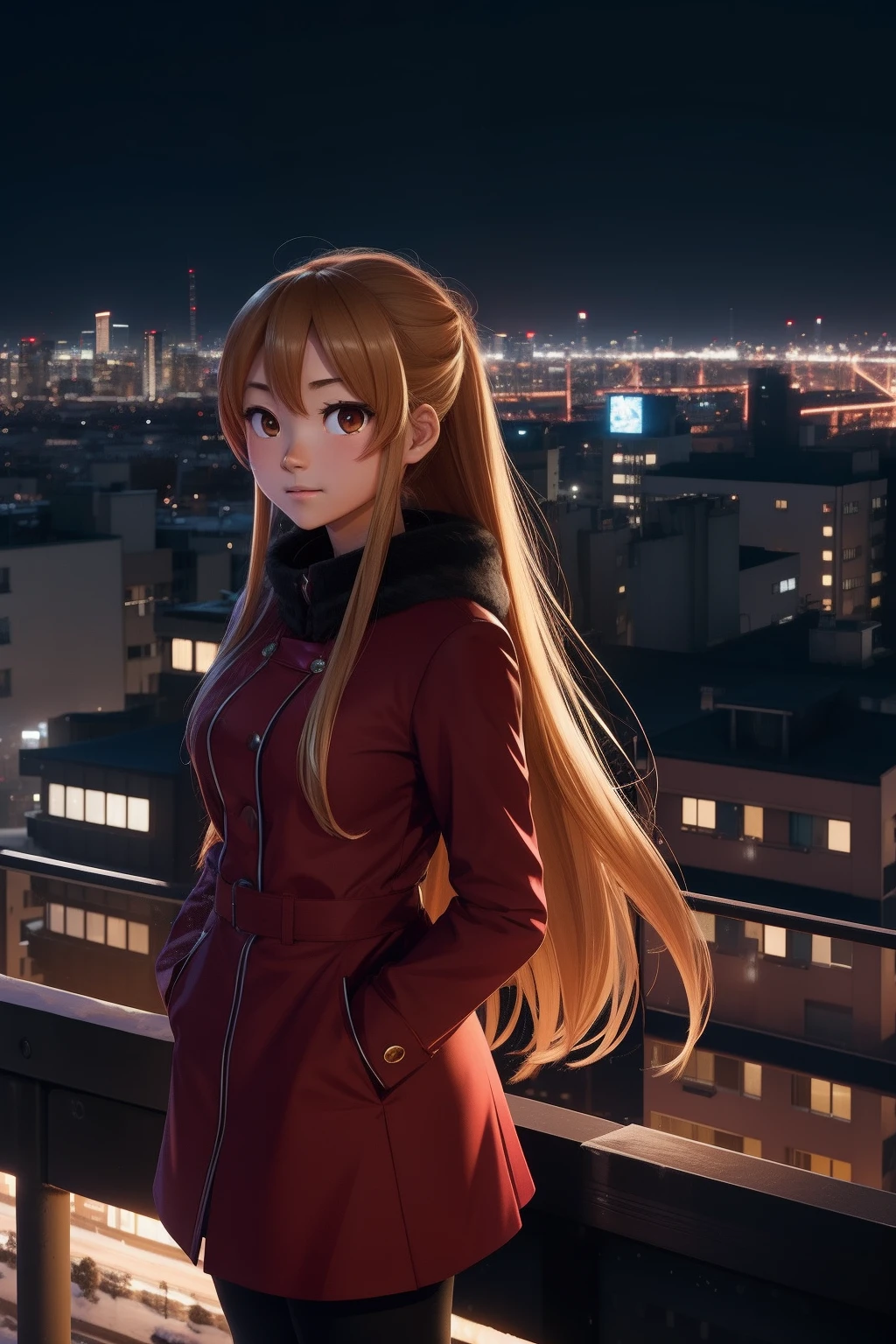arafed taiga aisaka from toradora anime standing on a bridge in a city at night, forest city streets behind her, night in the city, on a rooftop, city streets behind her, city rooftop, in a rooftop, on rooftop, inspired by Elsa Bleda, standing on rooftop, cinematic outfit photo, snow and city lights in the background