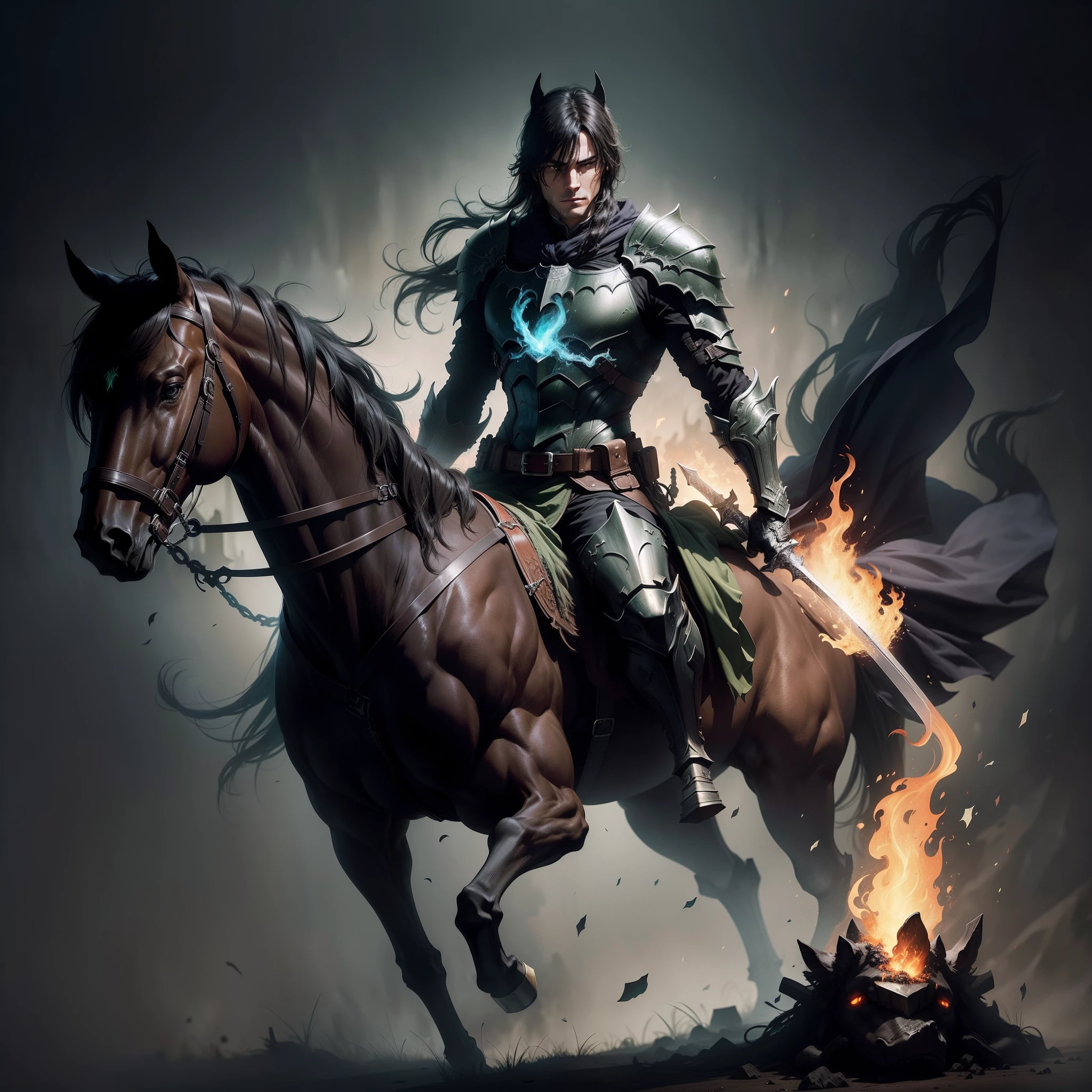 dark knight holding a sword Magical fire Green in hand mounted on a ghost horse concept art fantasy