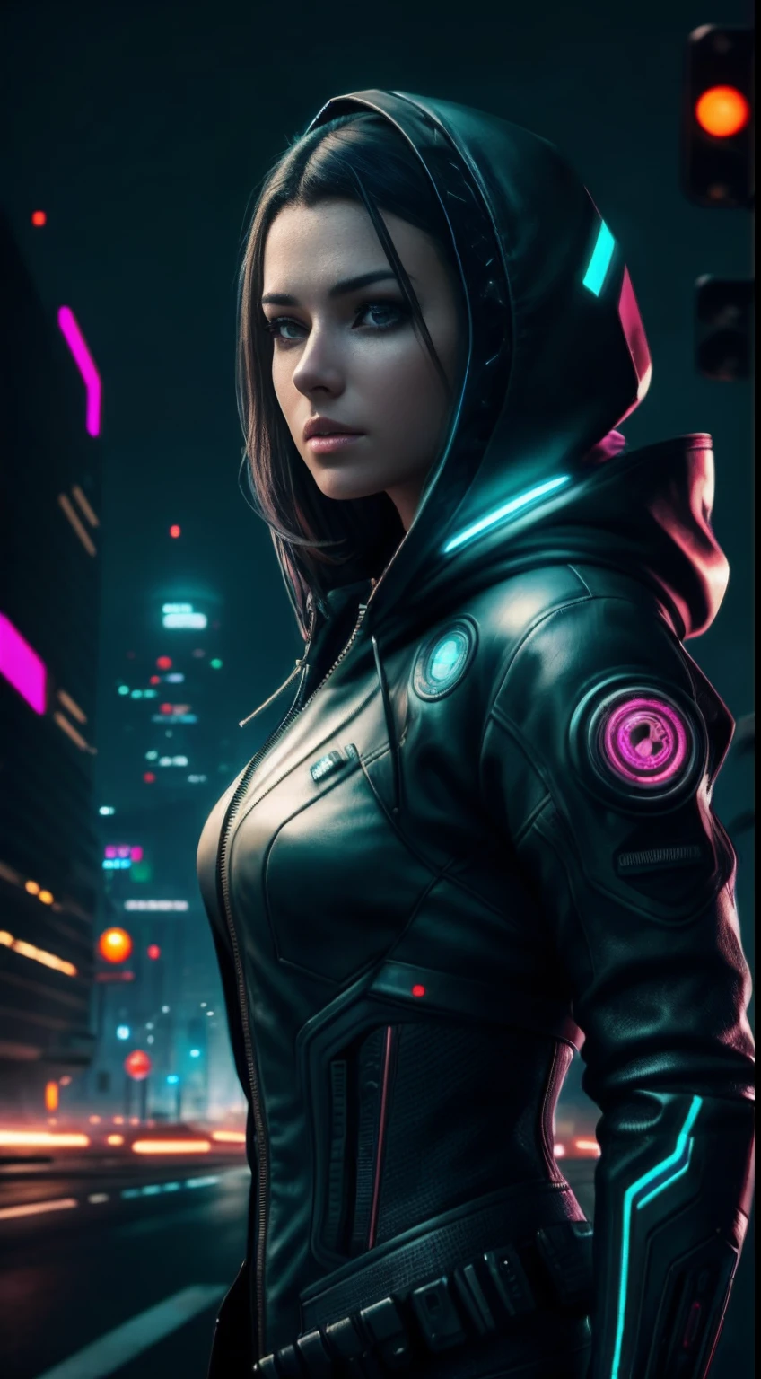 cyberpunk portrait photography, beautiful young woman looking off camera in glowing futuristic tactical hood jacket, super realistic face, proper eye position, natural skin, soft light, rim light, hips, in road side, detailed background, intricate, full body shot, highly detail, octane render, HD, 8k, by Annie Leibovitz,120mm