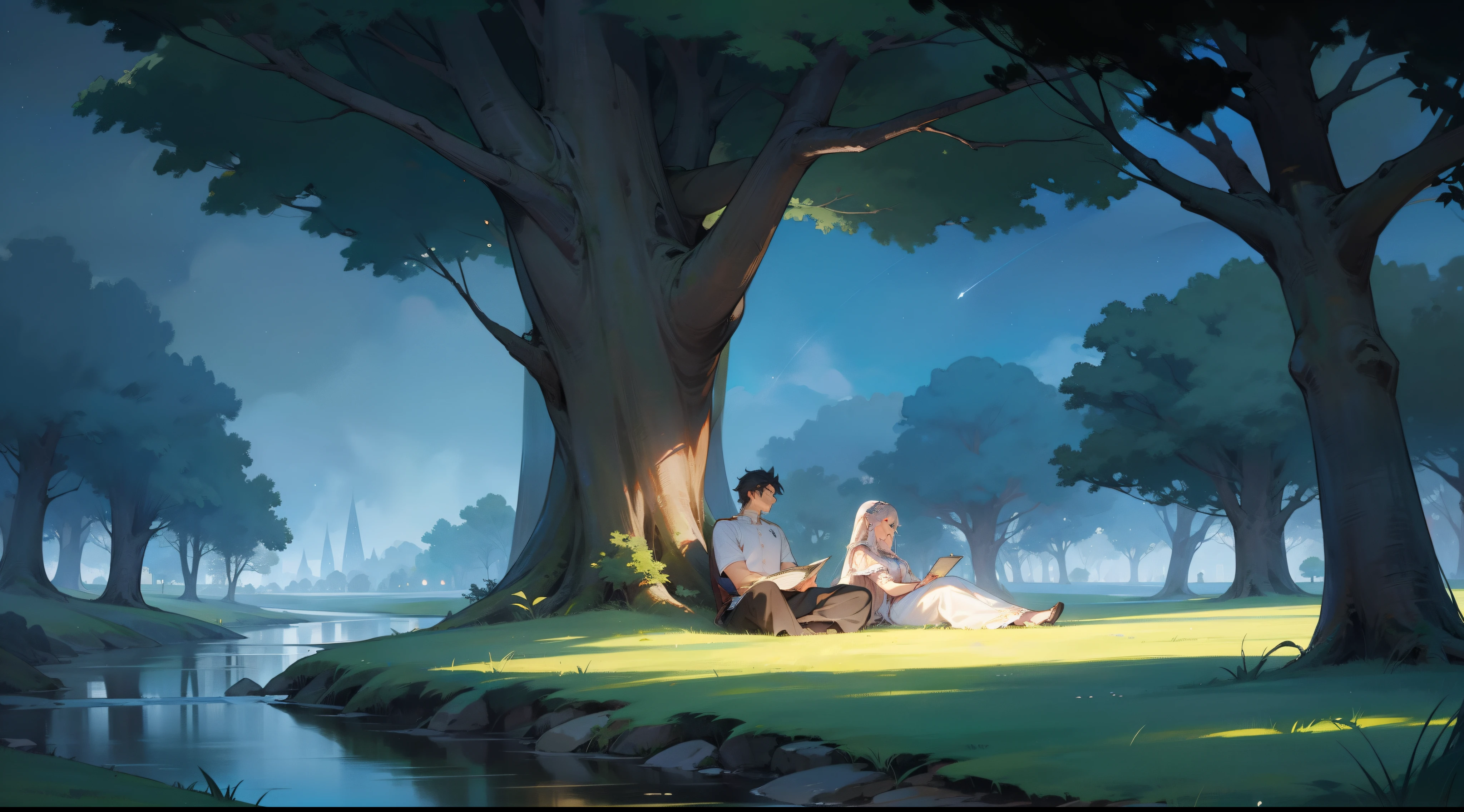 Male and female peacefully sleeping under a majestic tree in a vast expanse of lush green grass, near a gently flowing river, illuminated by the enchanting night sky.