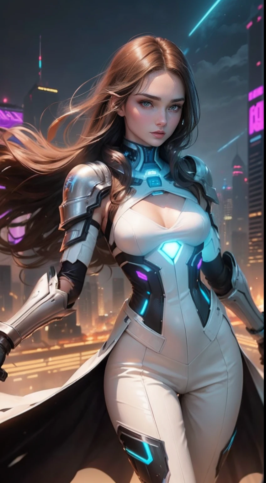 ((Cate: Similar to Miranda Kerr 24 YO & Perfect face & seductive expression & White cyberpunk dress & Full armor with pants & Ultra-detailed hazel eyes & Tall & Slender & Pale skin & Dark brown hair cascading down to your shoulders & Small bust & hourglass figure, detailed hands)) She Is Running On The Rooftops, Dynamic adventurer Poses, Background Futuristic Night City,|