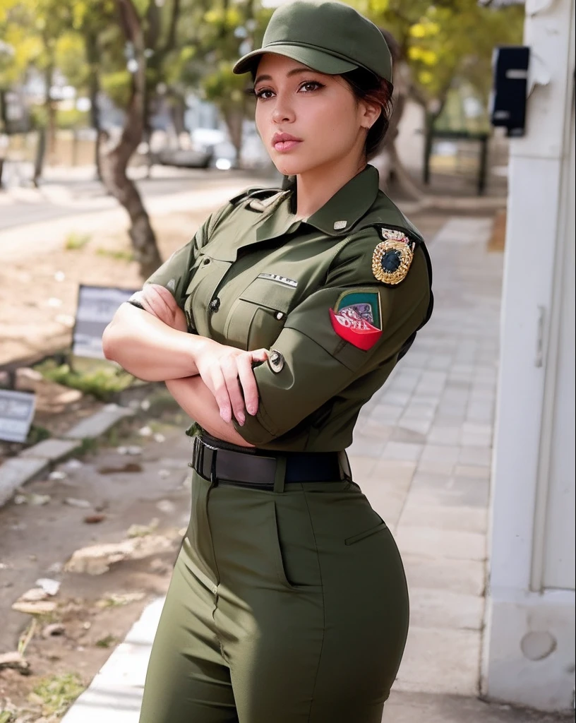 (highres:1.2), Beautiful 19 year old female soldier, camouflage uniform, standing at parade rest, peeing in her uniform pants on purpose, puddle of pee, combat boots and looks into the camera while peeing