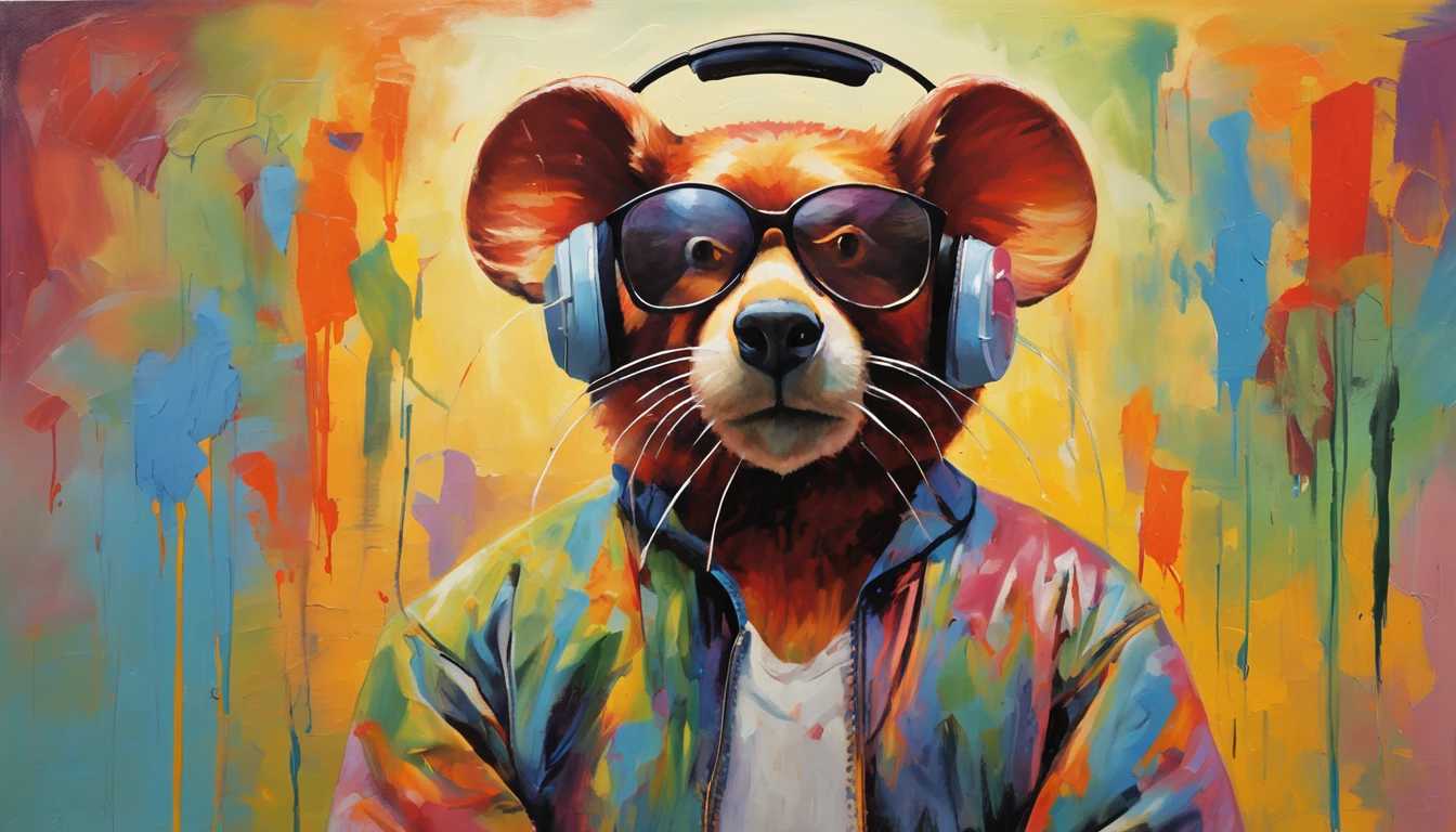 Perfect centering, Cute mouse, Wear a student team jacket, Wearing sunglasses, Wearing headphones, cheerfulness, Standing position, Abstract beauty, Centered, Looking at the camera, Facing the camera, nearing perfection, Dynamic, Highly detailed, smooth, Sharp focus, 8K, high definition resolution, illustration, White background