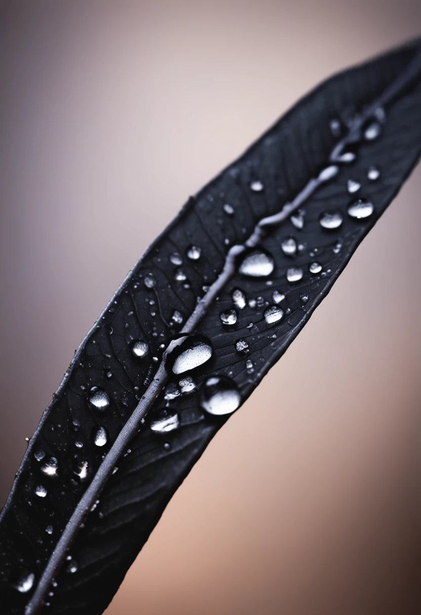 Background with high contrast detail, close-up of black leaf with water drops, subtle color reflected by water drops, 8k image, gold accents