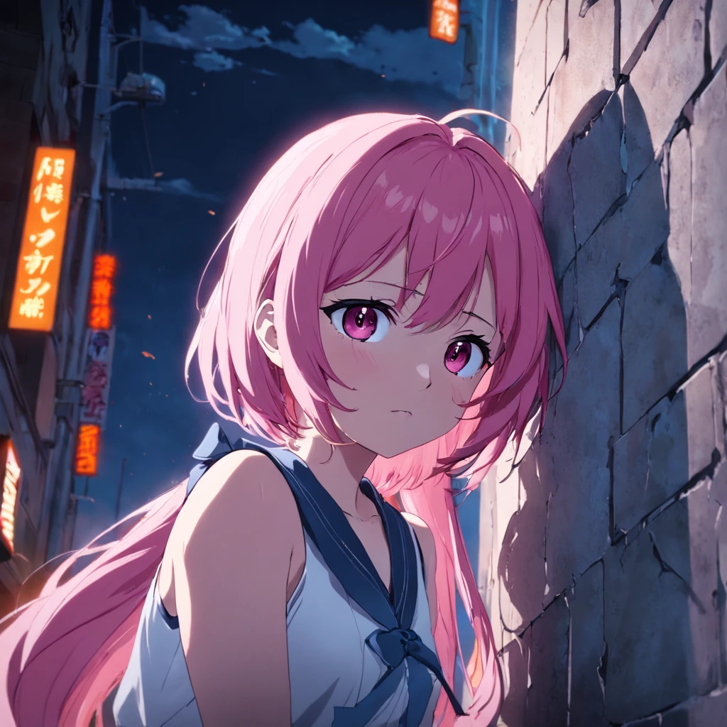 masterpiece, best quality, movie still, 1girl, wall, she pink hair