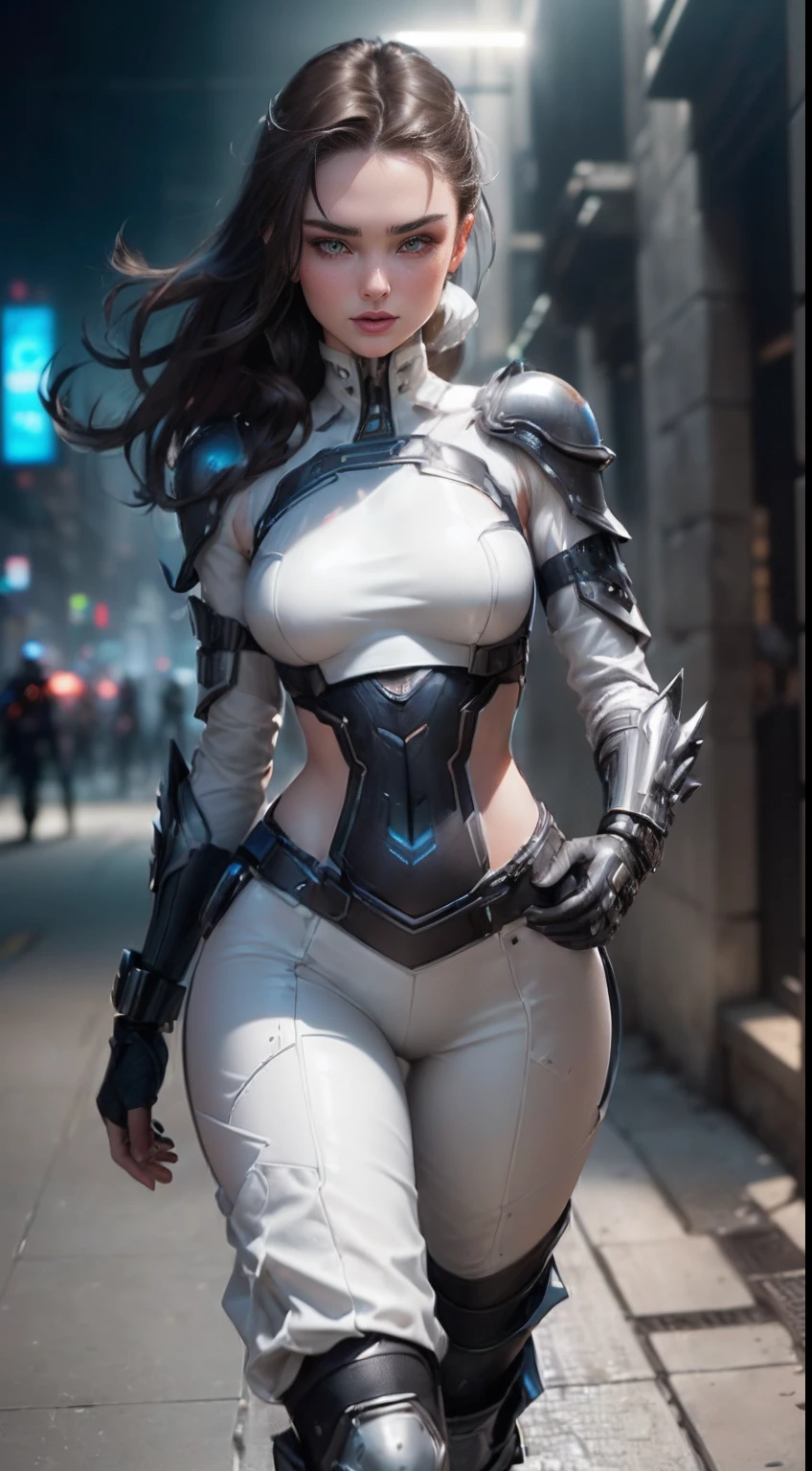 ((Cate: Similar to Miranda Kerr 28 YO & Perfect face & seductive expression & White cyberpunk dress & Full armor with pants & Ultra-detailed hazel eyes & Tall & Slender & Pale skin & Dark brown hair cascading down to your shoulders & Small bust & hourglass figure, detailed hands)) She Is walking in the build, Dynamic adventurer Poses, Background Futuristic Night City,|