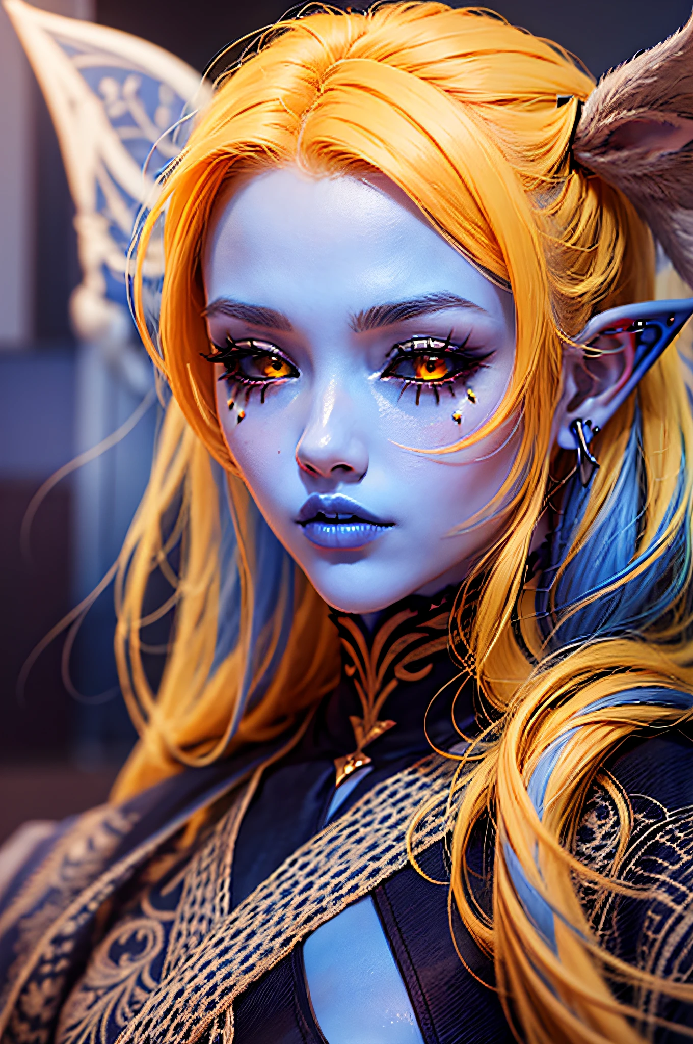 1girl, close-up, (black sclera), bright yellow eyes, yellow hair, blue skin, pointed ears, extremely sexy beauty