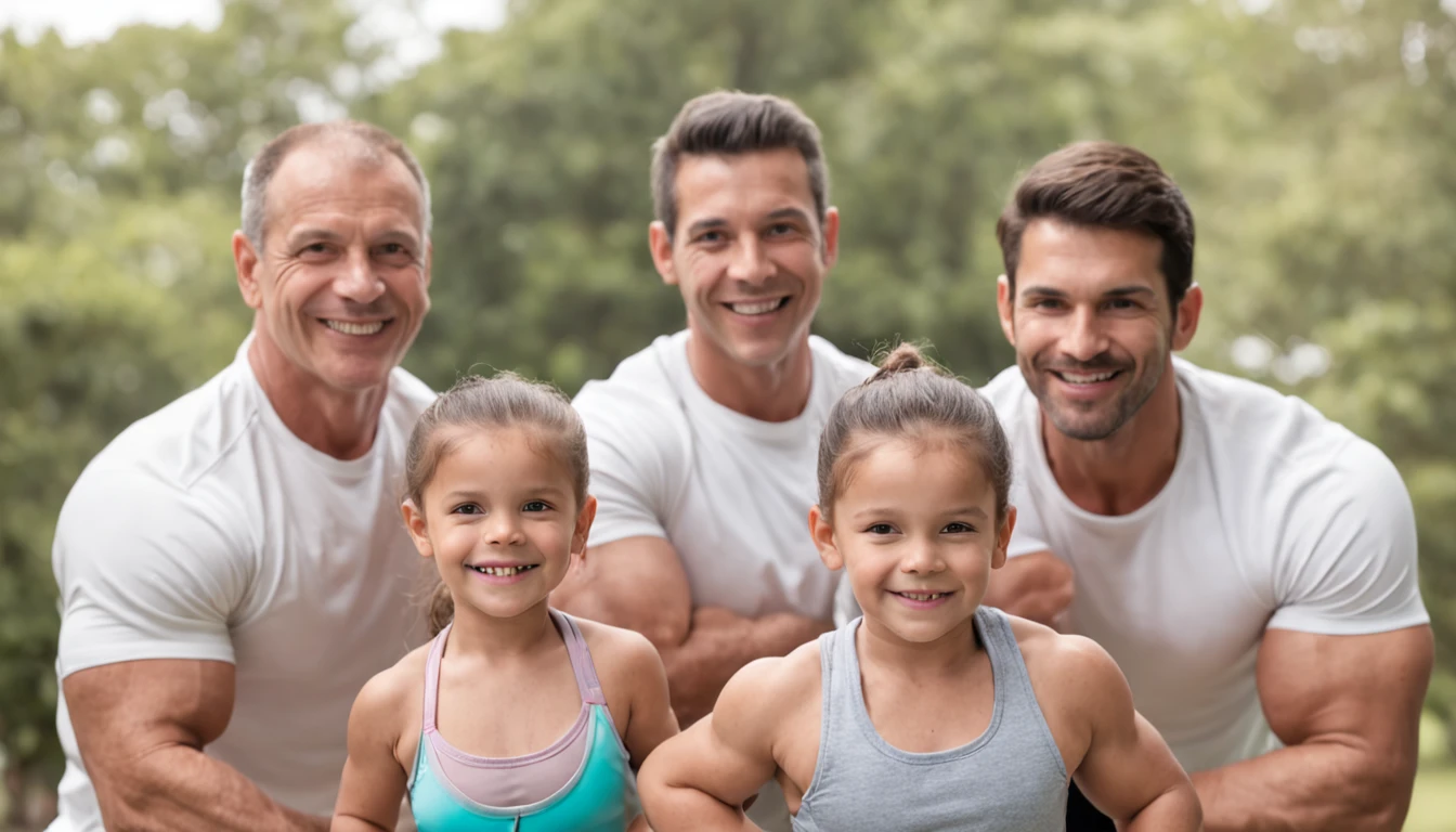 Crie uma imagem que represente a Academia Aerobic Sport Center em Presidente Prudente. The image should show a happy family engaged in a bodybuilding training session. Certifique-se de incluir pais e filhos de diferentes idades, todos sorrindo e motivando uns aos outros. Highlight the idea that exercise is an activity that can be enjoyed as a family and transmit the positive energy of the gym."